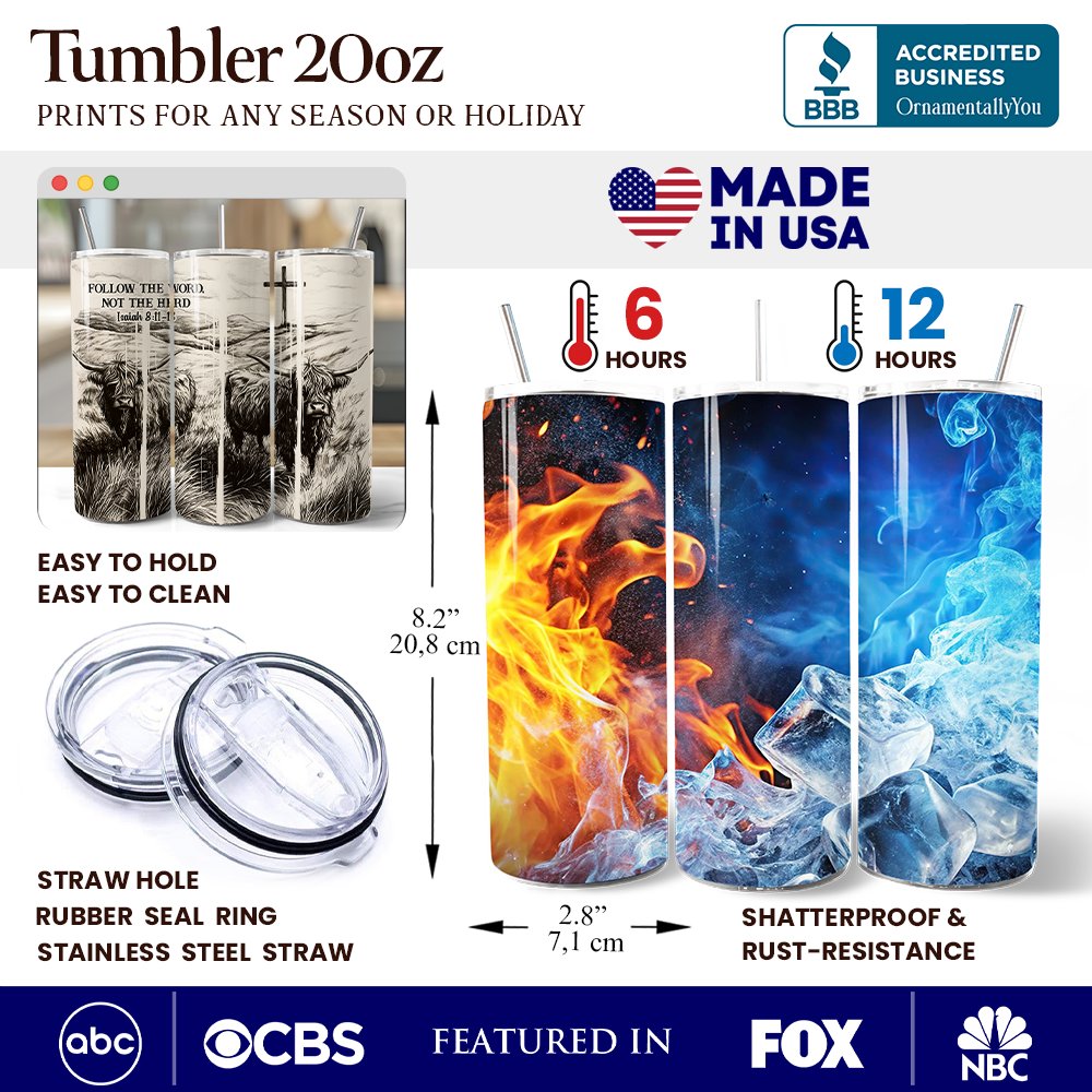 20oz tumbler product infographic showing lid, stainless straw, and size/resistance icons