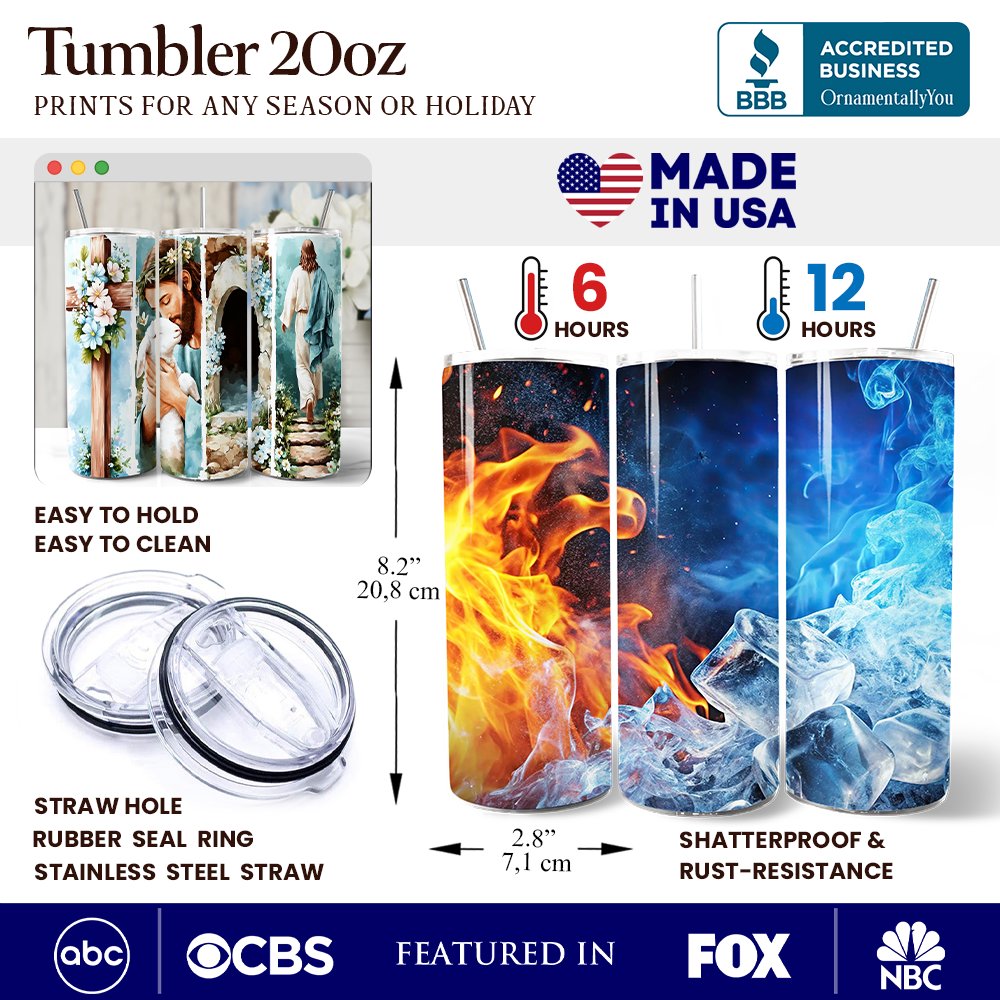 Tumbler features infographic with stainless straw, lid, and straw hole details.