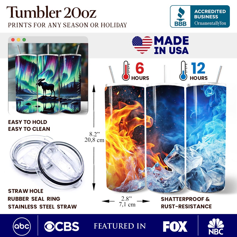 20oz tumbler with lid and stainless straw, aurora moose print and size guides