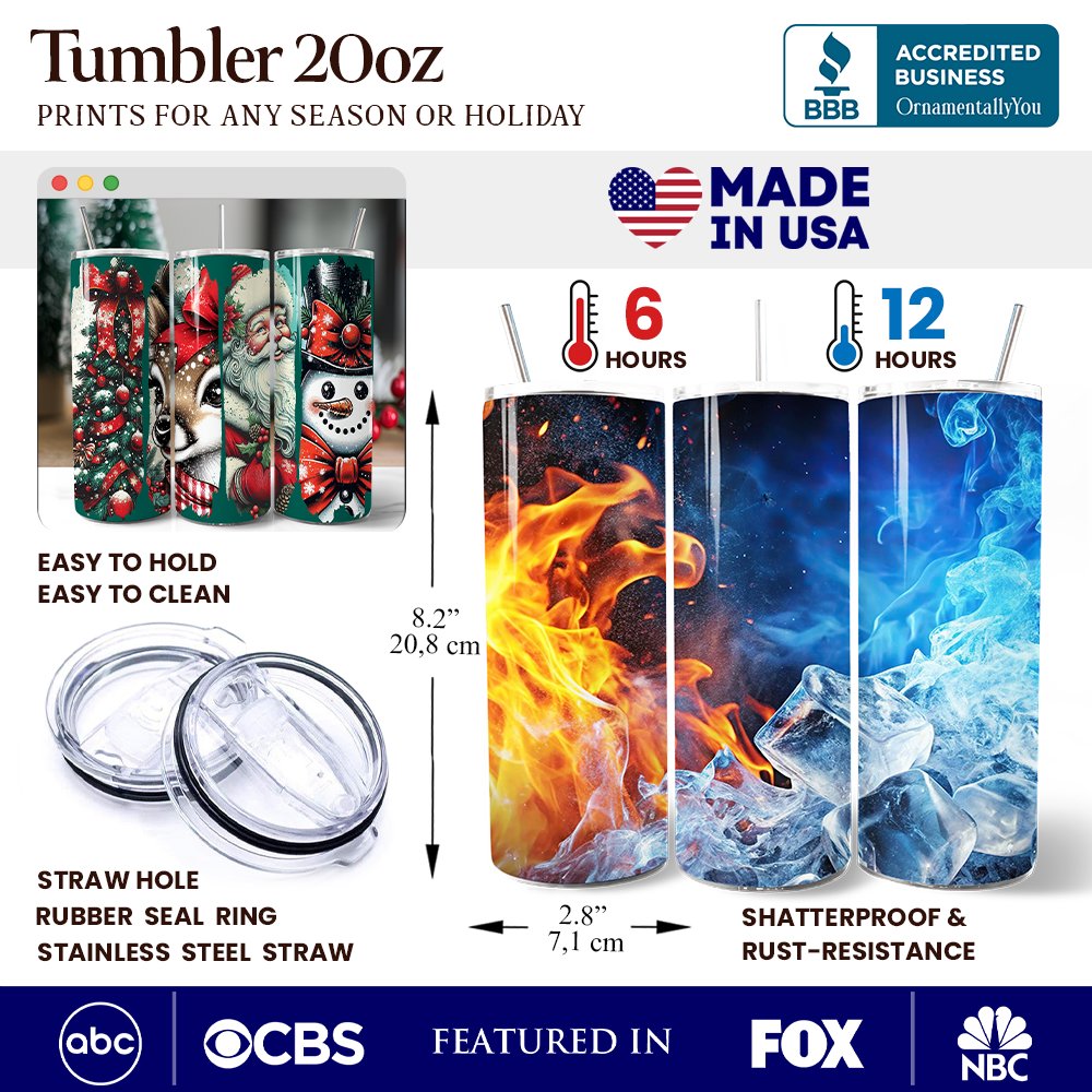 20oz Christmas tumbler with lid and stainless straw, featuring easy-clean design