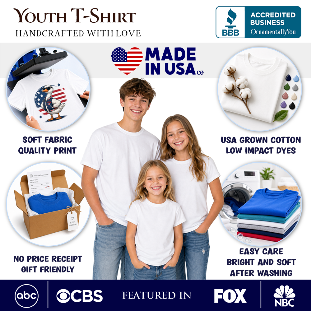 Youth T-shirt promo graphic with white shirts and quality/comfort callouts