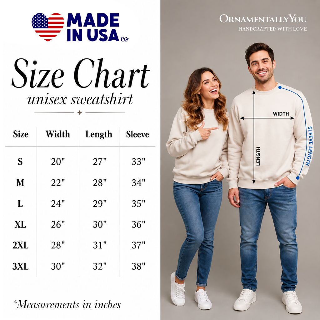 Unisex sweatshirt size chart graphic with measurement table and model silhouettes