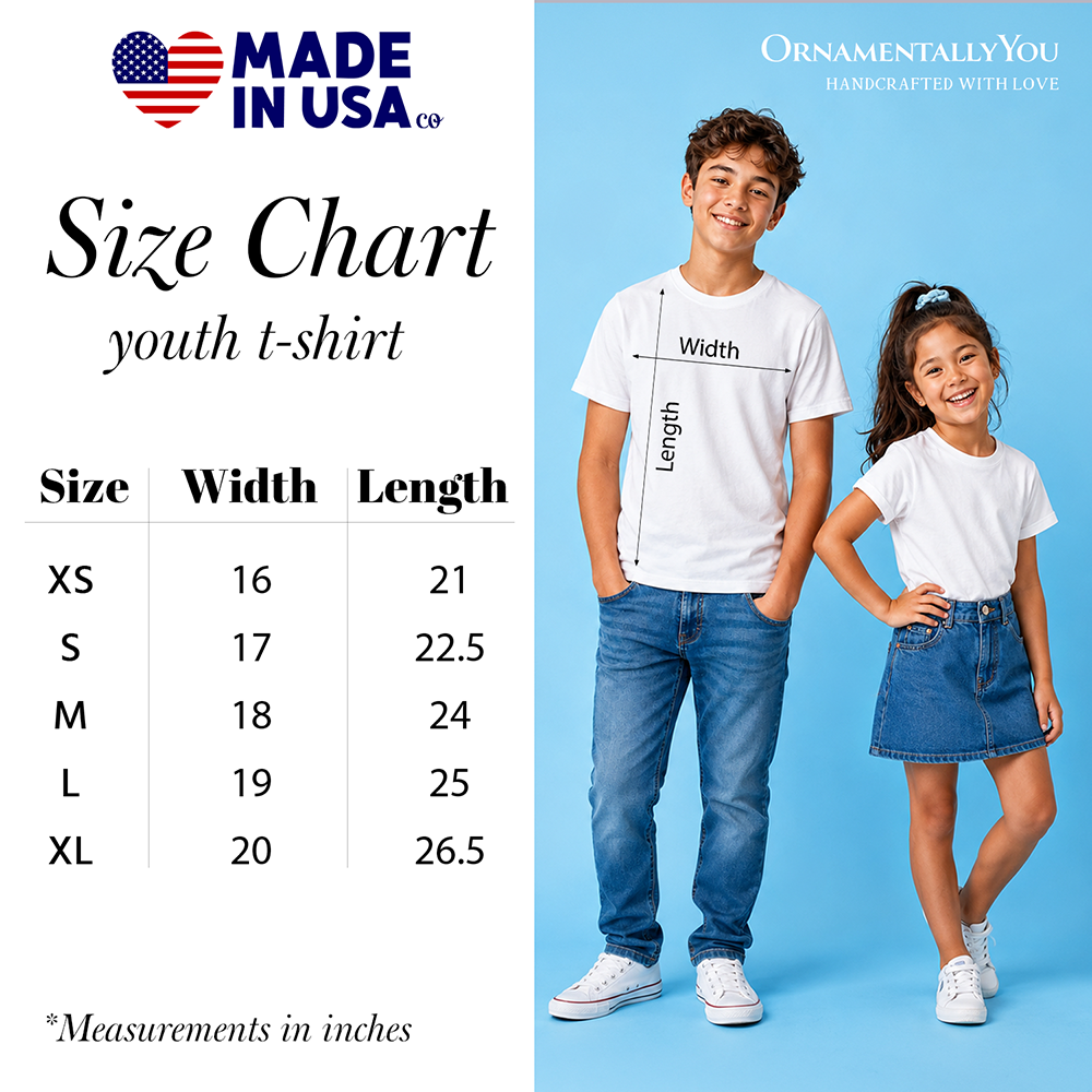 Youth white crew-neck T-shirt with sizing chart backdrop; plain front