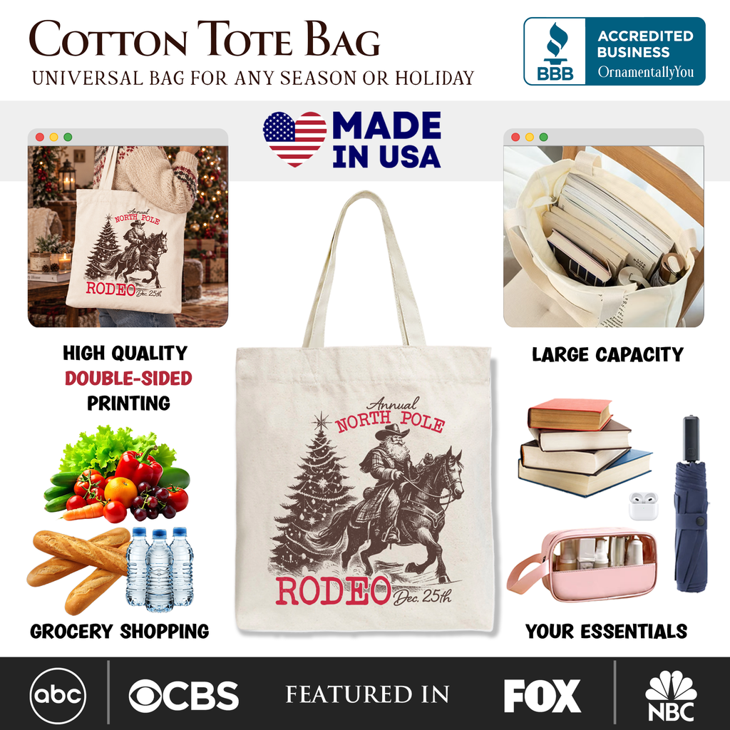 White tote bag with large 'North Pole Rodeo' horse rider and 'RODEO Dec 25th' text