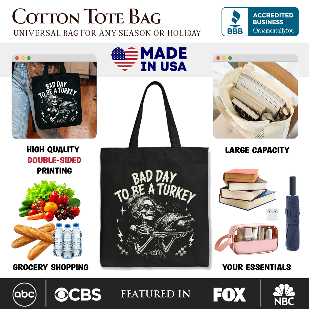 Black double-sided cotton tote bag with "Bad Day to Be a Turkey" printed artwork
