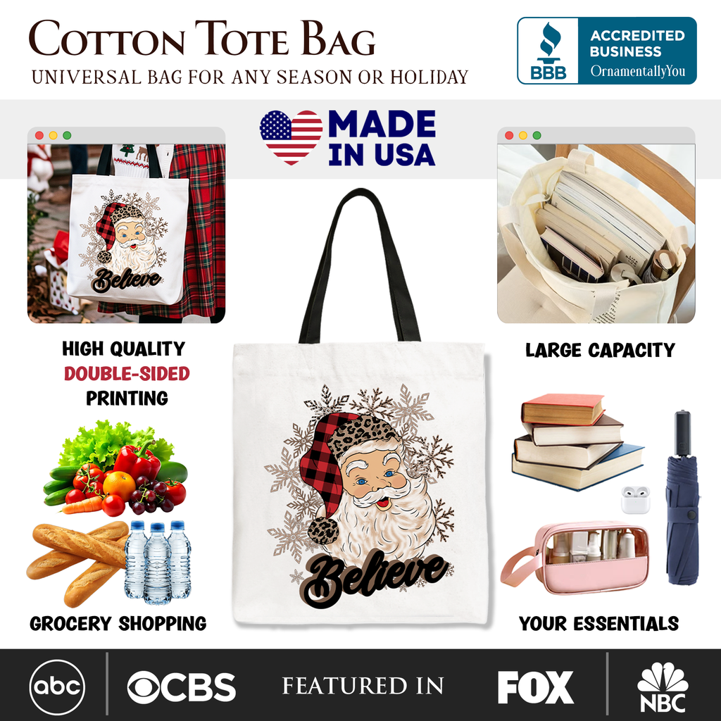 Believe Santa buffalo plaid tote bag with snowflakes and black carry handles