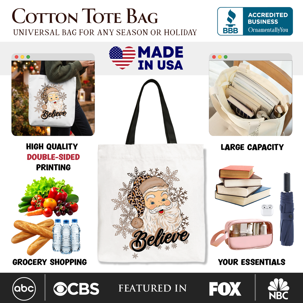 White tote bag with black handles and centered Santa “Believe” graphic