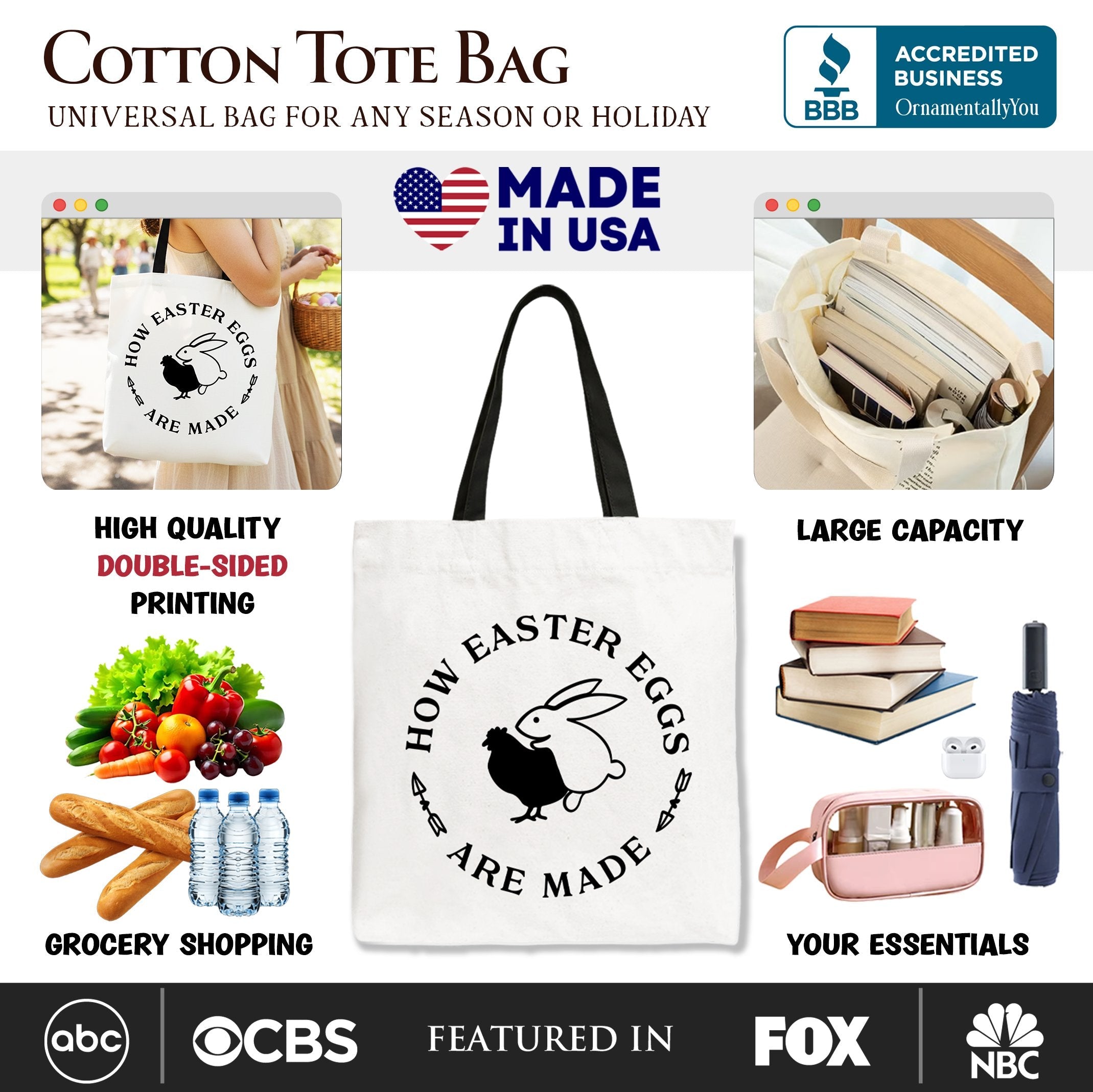 White tote bag with black handles, Easter bunny graphic and 'How Easter Eggs Are Made'