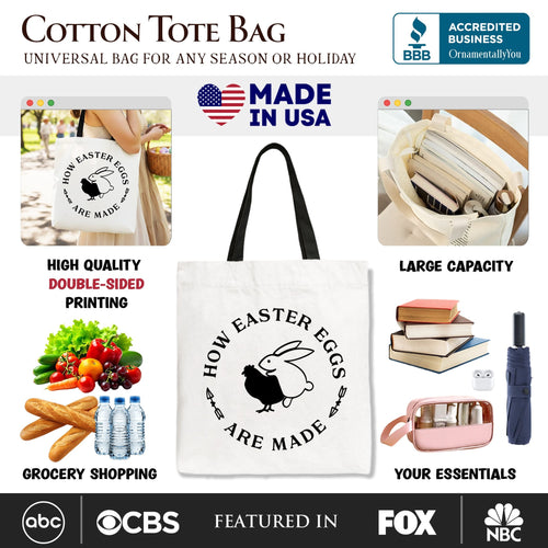 White tote bag with black handles, Easter bunny graphic and 'How Easter Eggs Are Made'