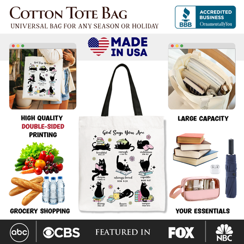 Cotton tote bag with double-sided printing, cat graphic, and black handles
