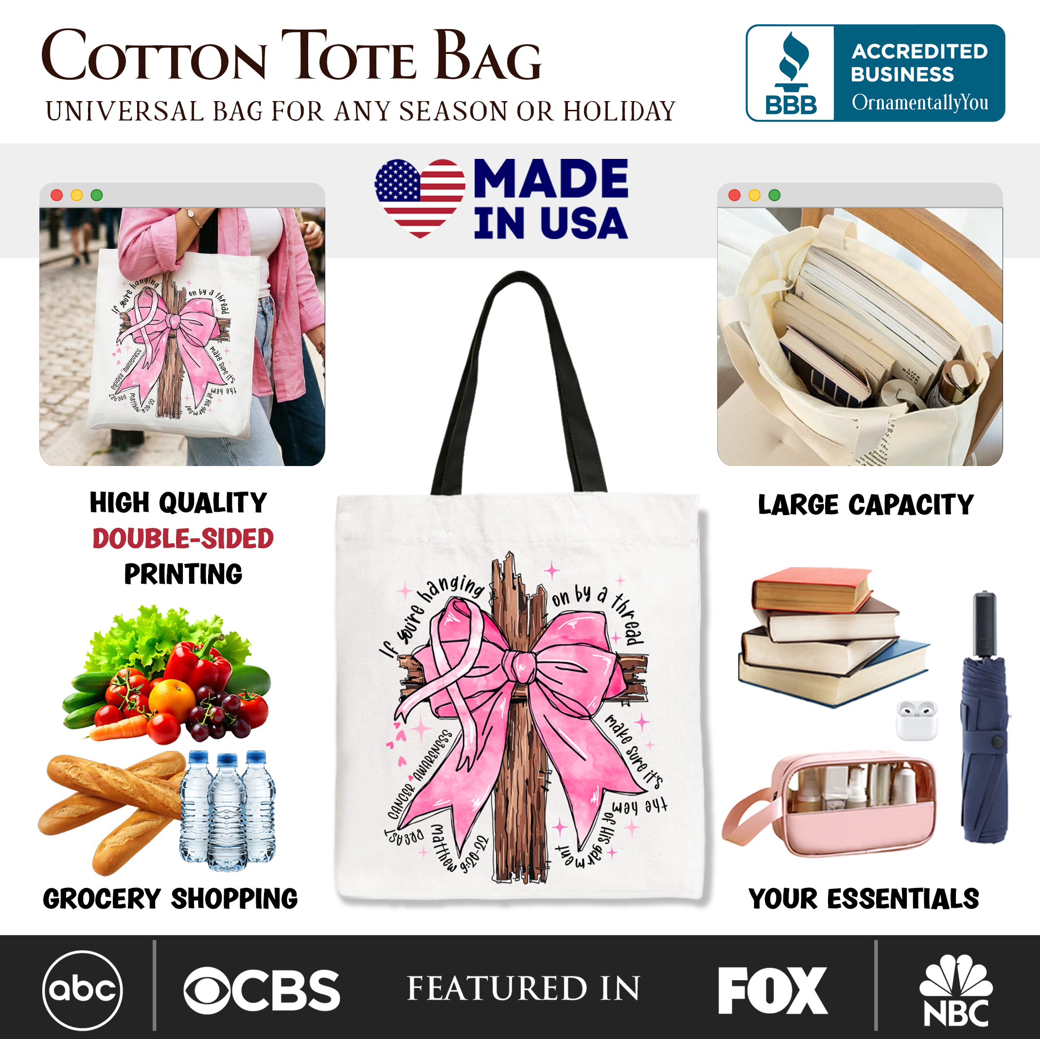 White cotton tote bag with pink bow tree graphic and black handles, front view.