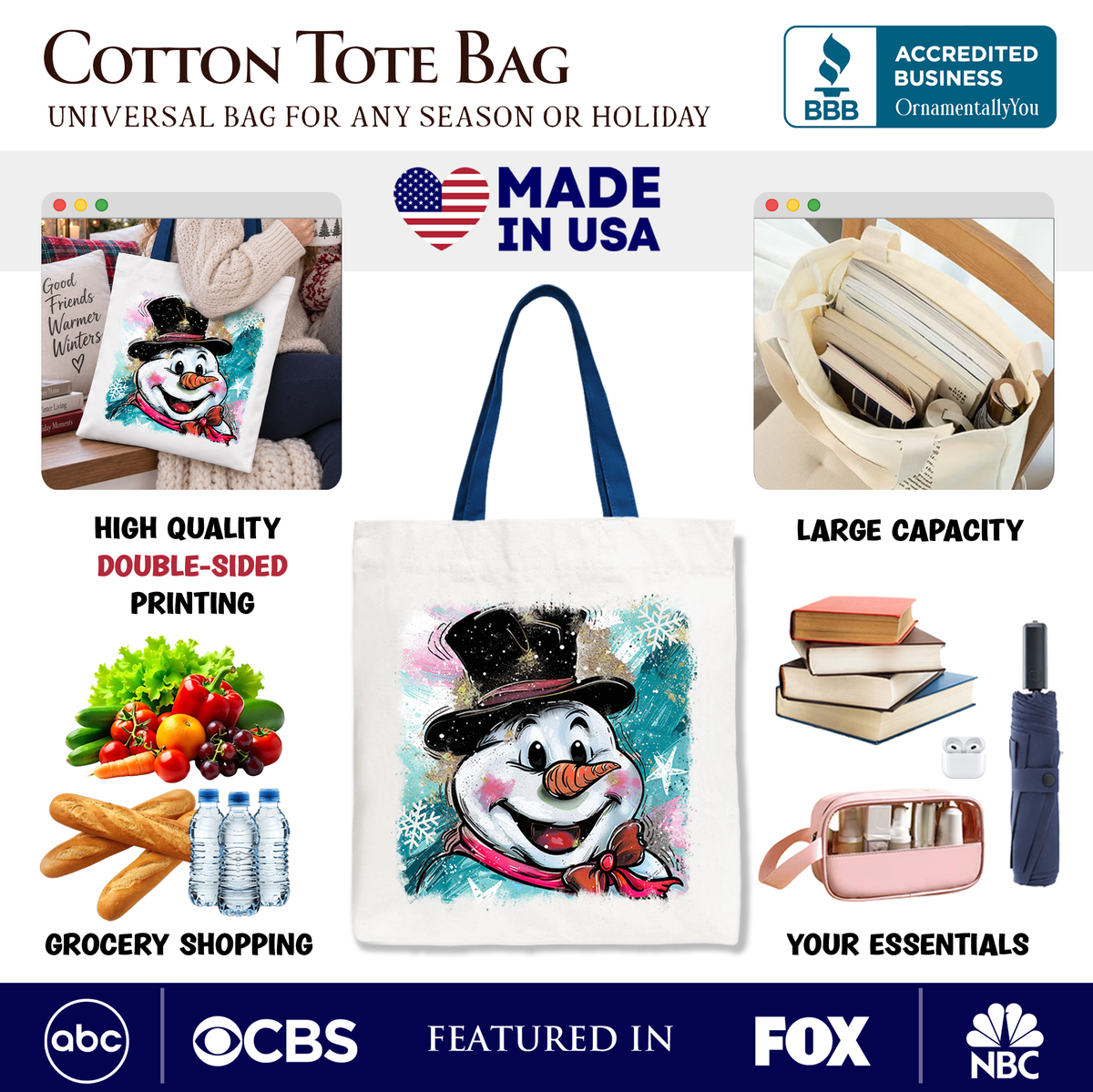 White cotton tote bag with blue handles, double-sided-looking snowman winter print