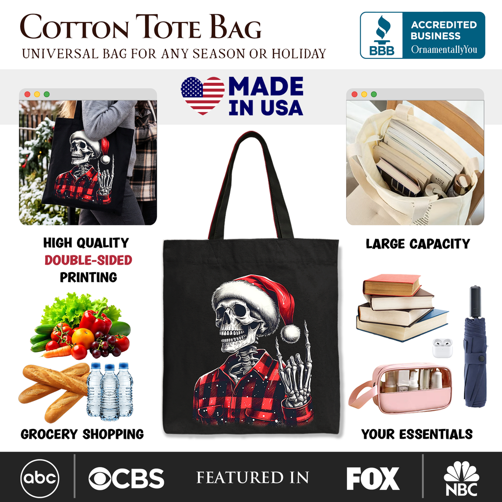Black cotton tote bag with skeleton in santa hat and red plaid outfit graphic