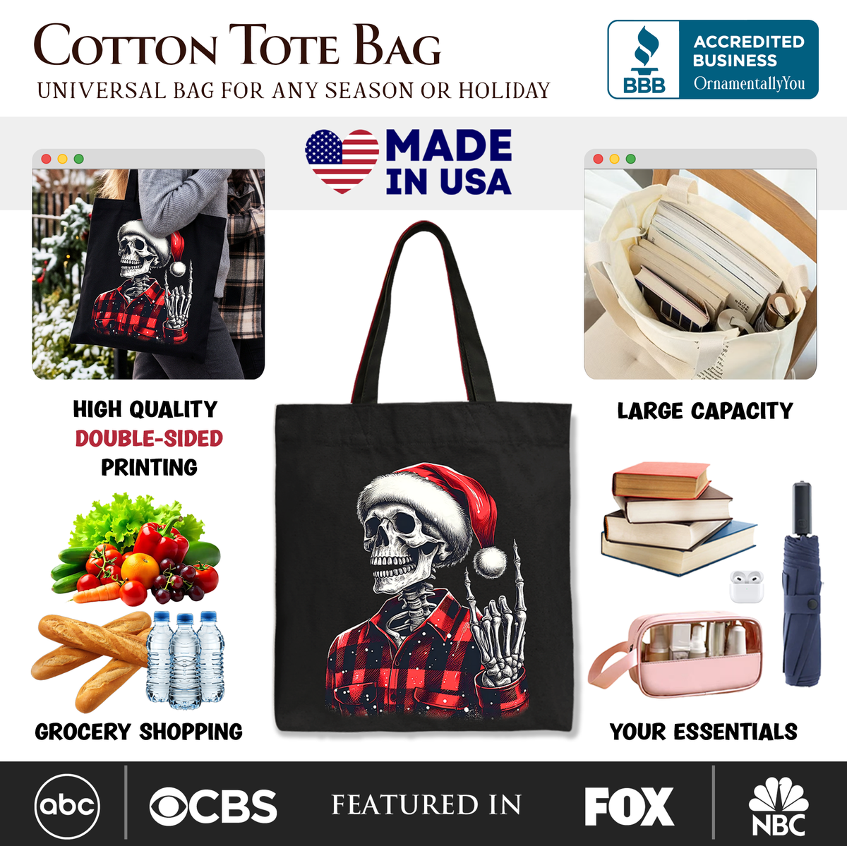 Black cotton tote bag with skeleton in santa hat and red plaid outfit graphic