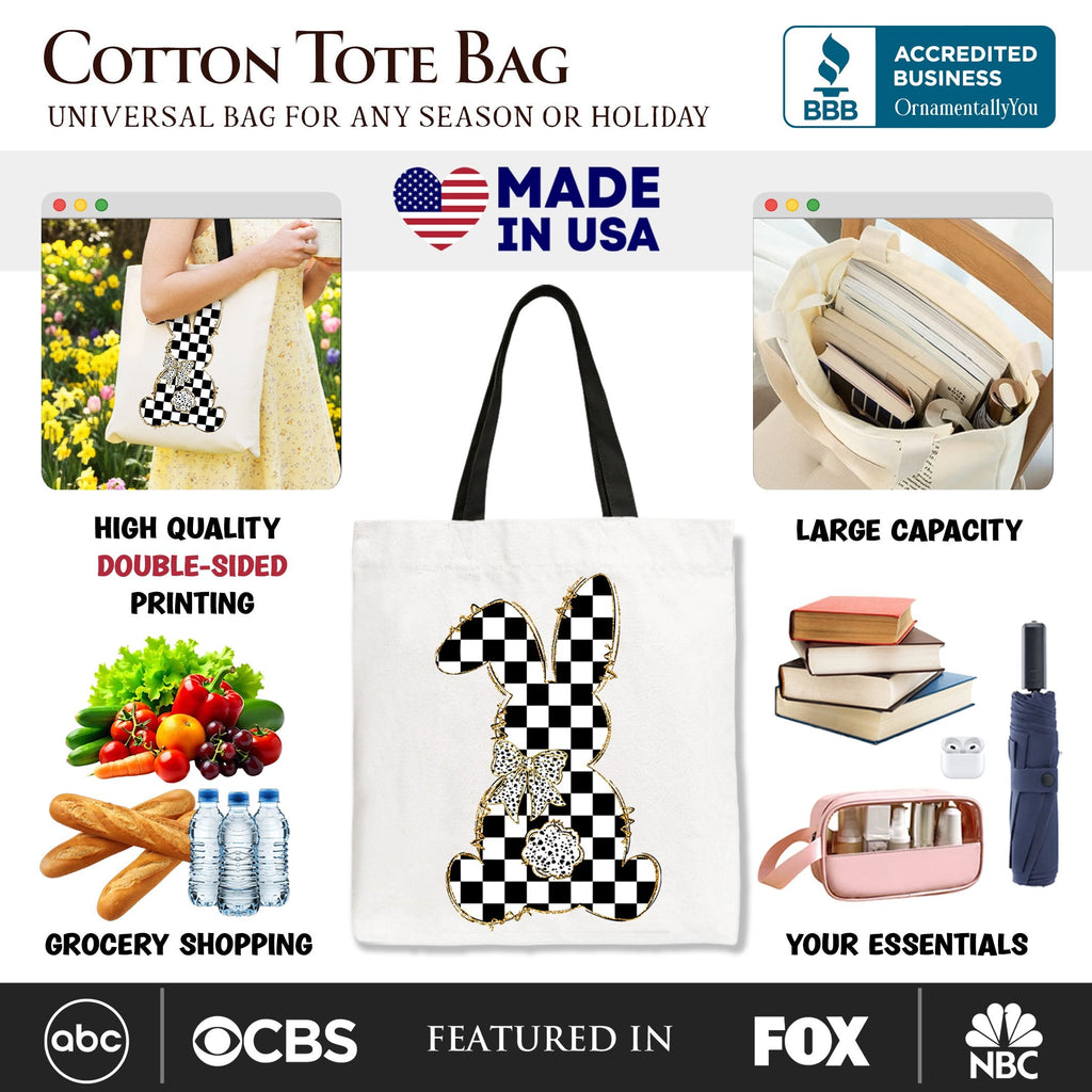 Cotton tote bag with black handles and black checkered bunny front print.