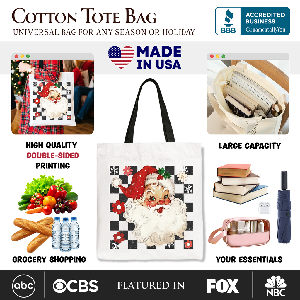White tote bag with black handles, checkered Santa print, and large top opening