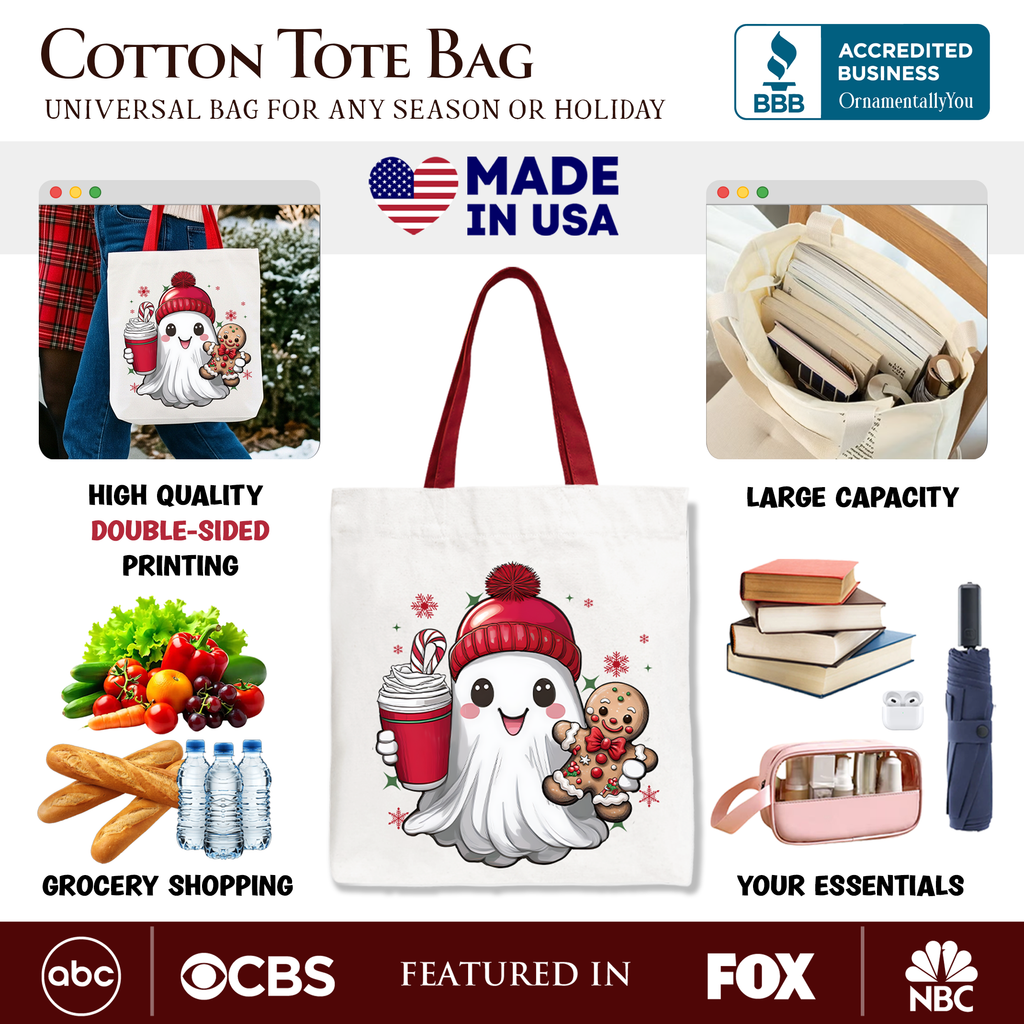 White cotton tote bag with cute ghost gingerbread and cocoa print, red handles