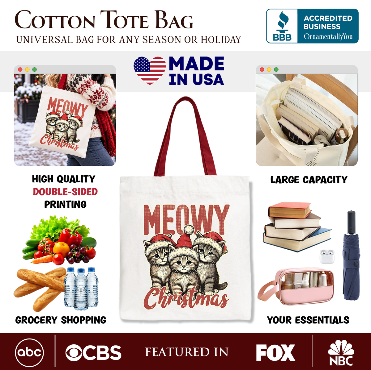 Cream cotton tote bag with “MEOWY Christmas” cat print, dark red handles