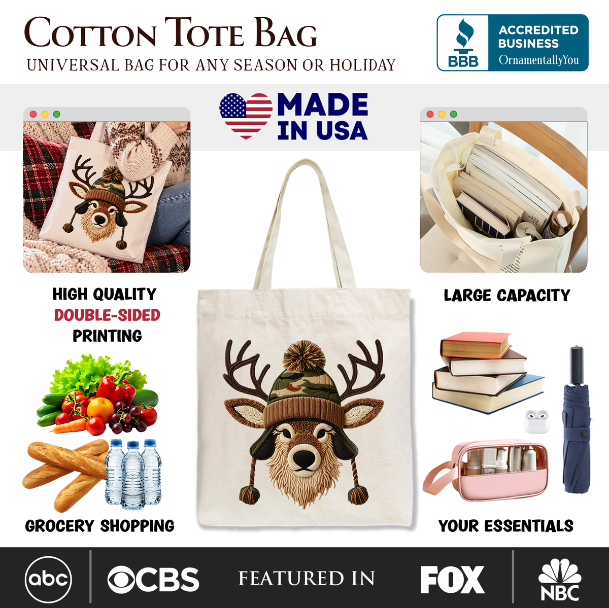 Beige cotton tote bag with central embroidered deer face and antlers