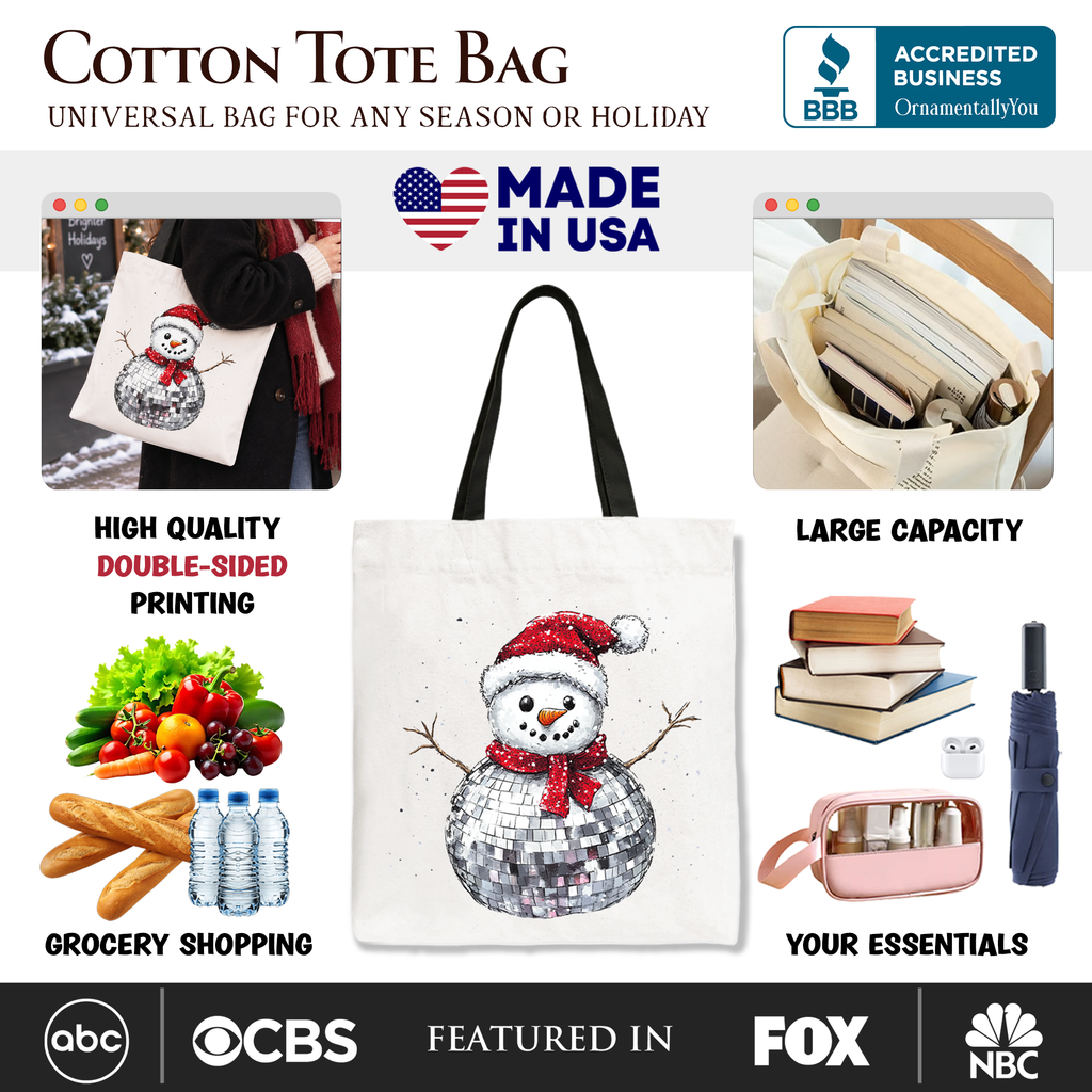 White cotton tote bag with disco snowman graphic and black handles