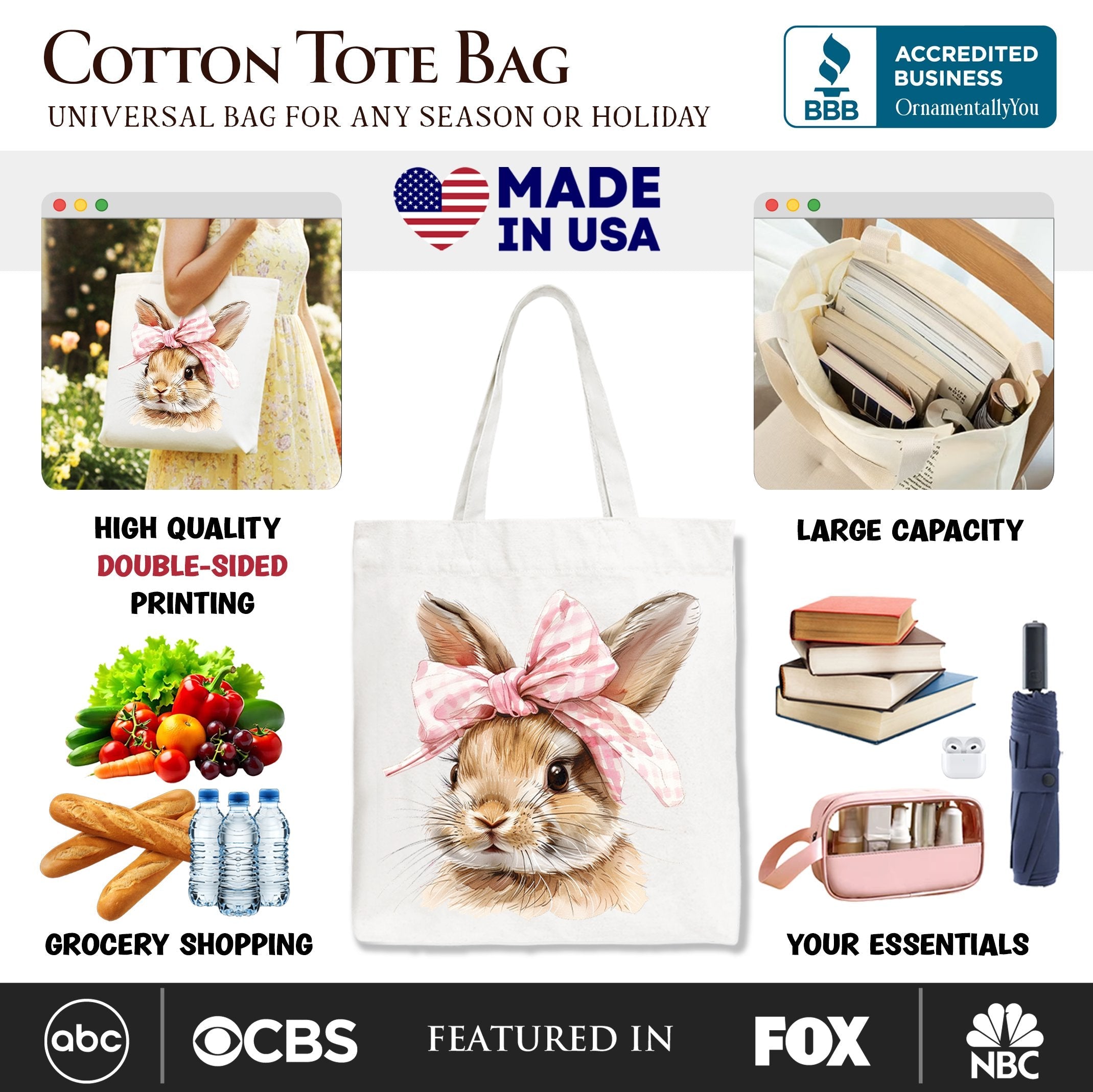 White tote bag with watercolor bunny head and pink bow, large shopping bag