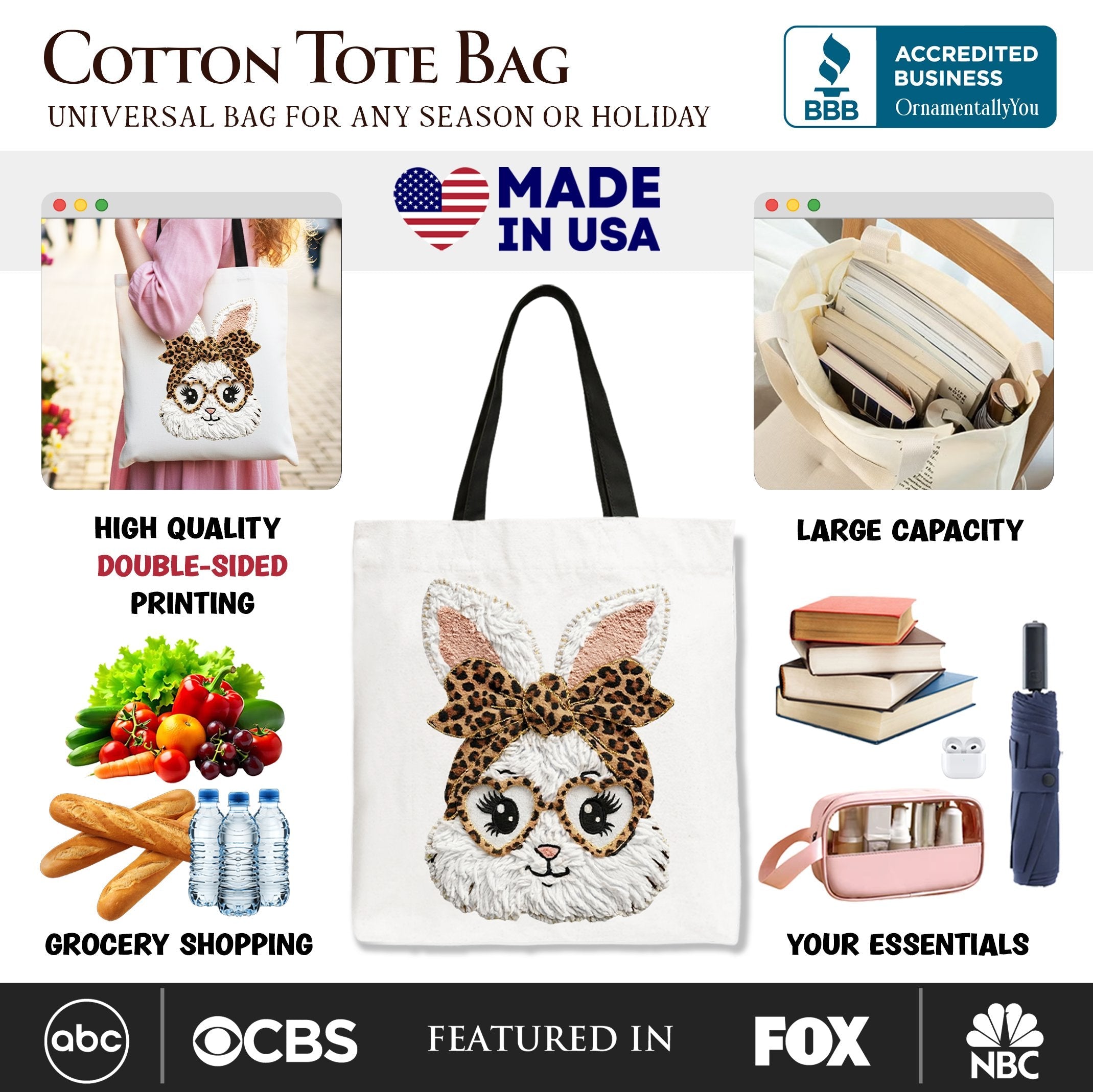 Cotton tote bag with black handles and embroidered leopard bunny face