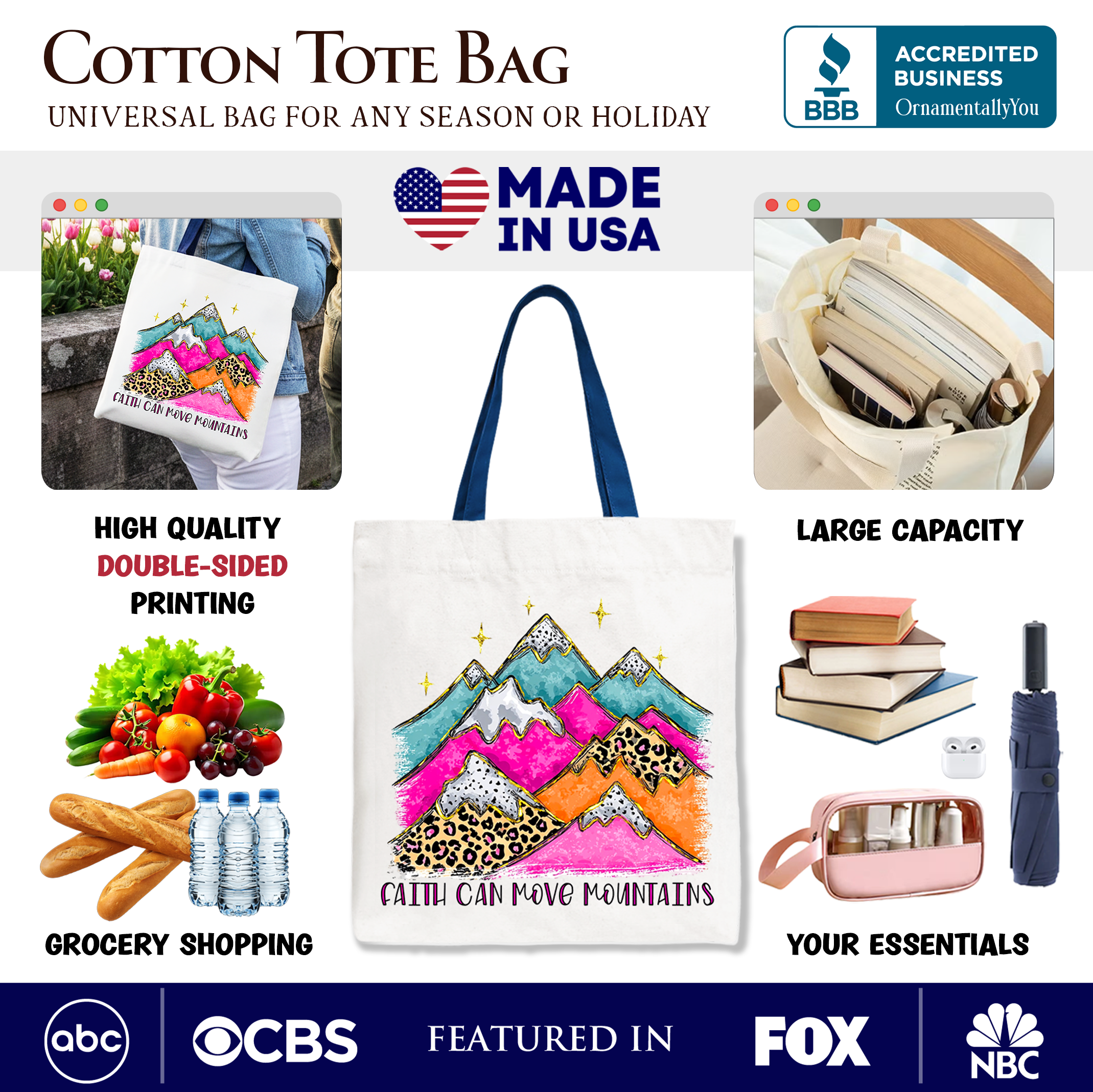 White cotton tote bag with navy handles, colorful mountains and leopard print, text