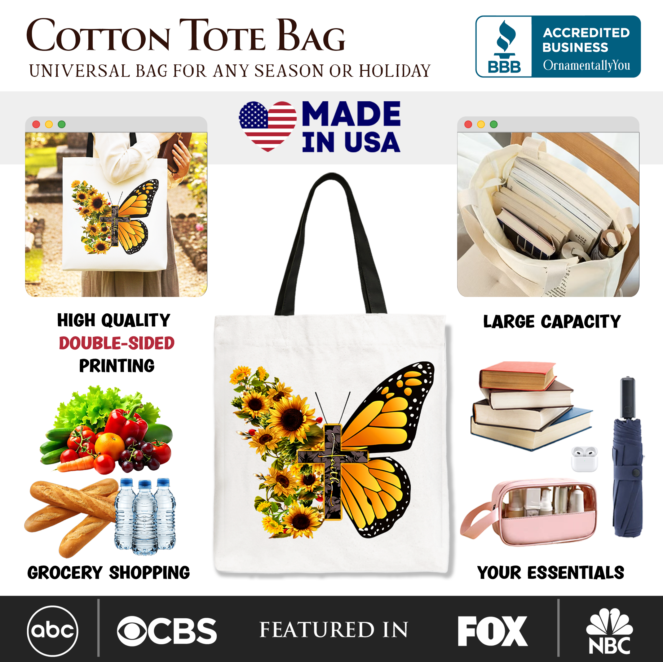 White cotton tote bag with black handles and sunflower butterfly cross graphic