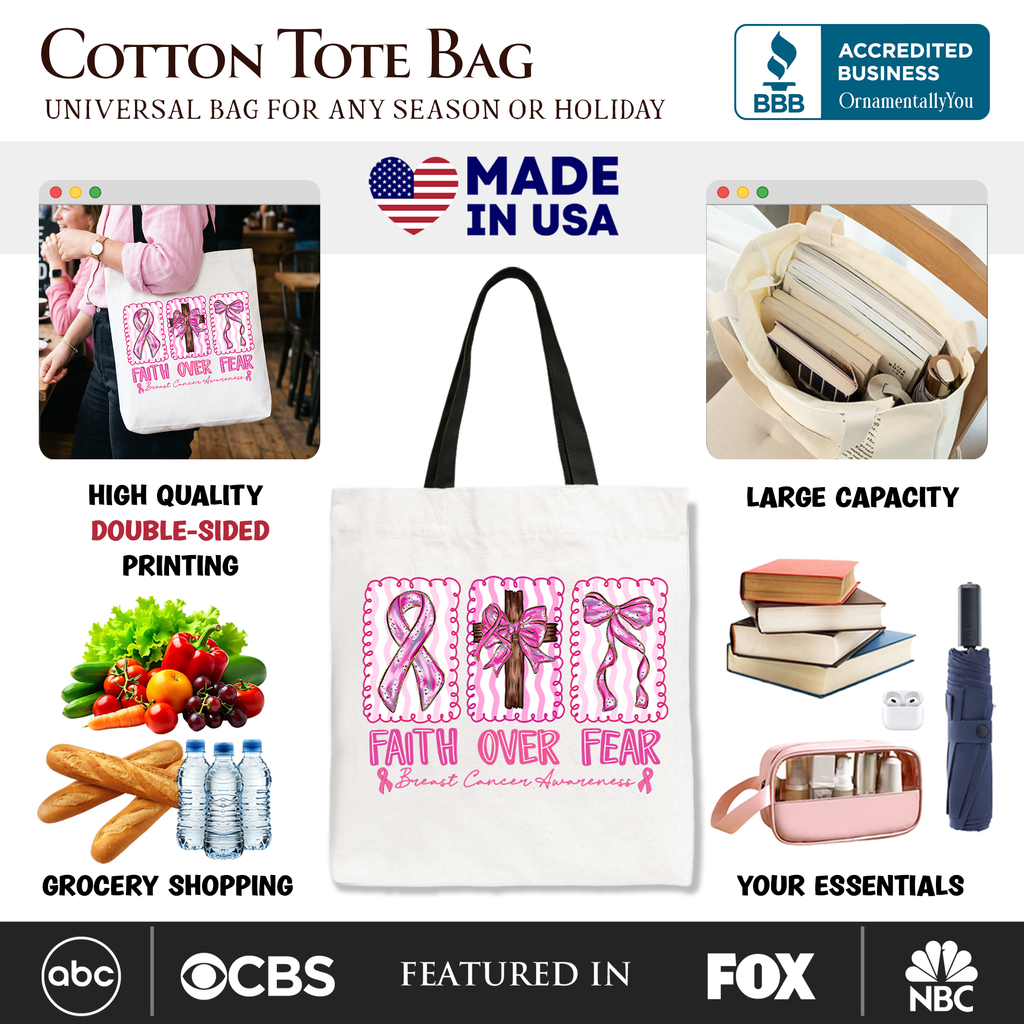 White tote bag with black handles and pink 'Faith Over Fear' ribbon print