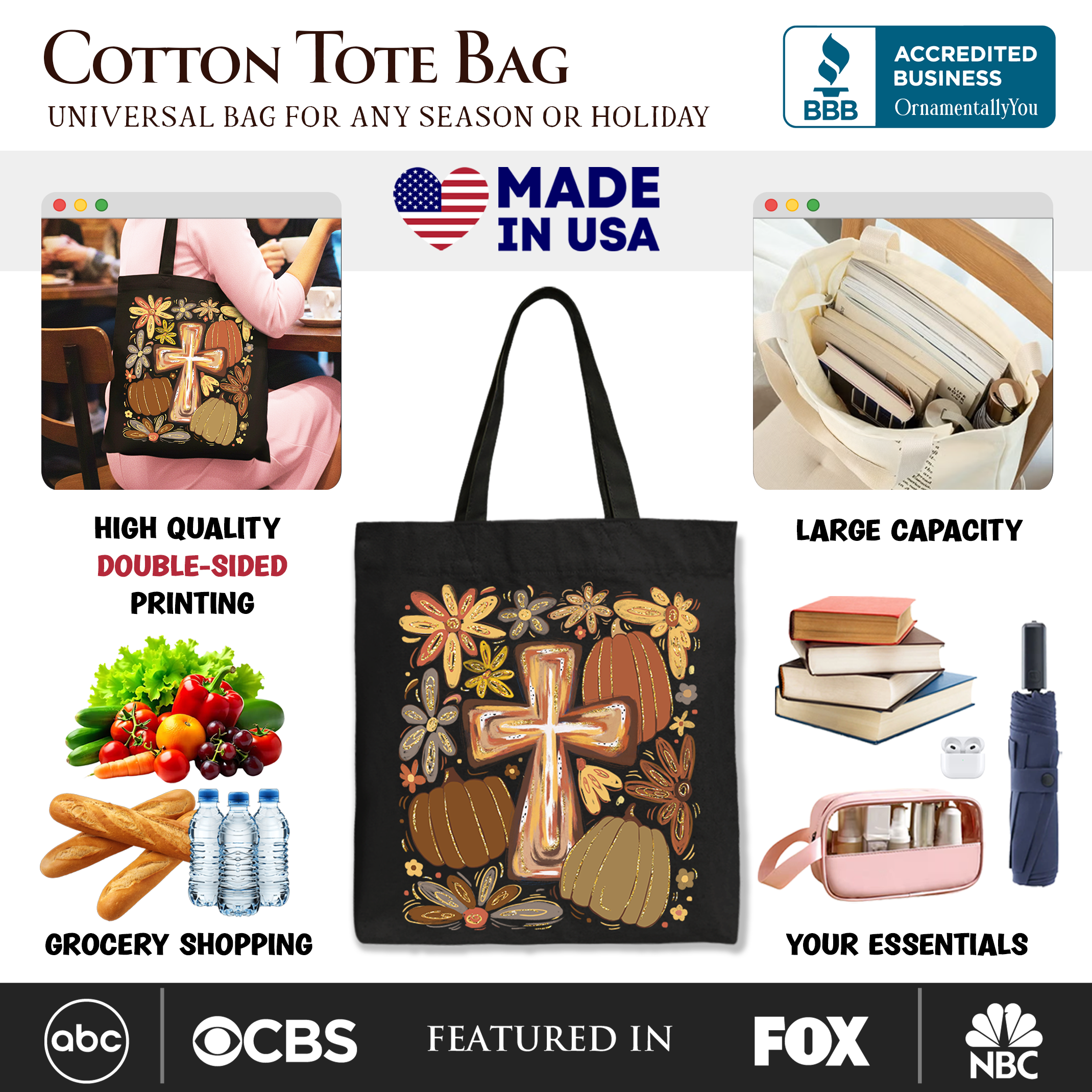 Black cotton tote bag with gold cross and autumn pumpkins graphic