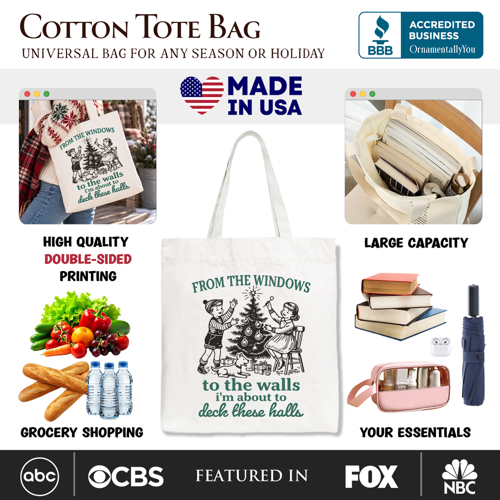 White cotton tote bag with double-sided Christmas-themed graphic and large print