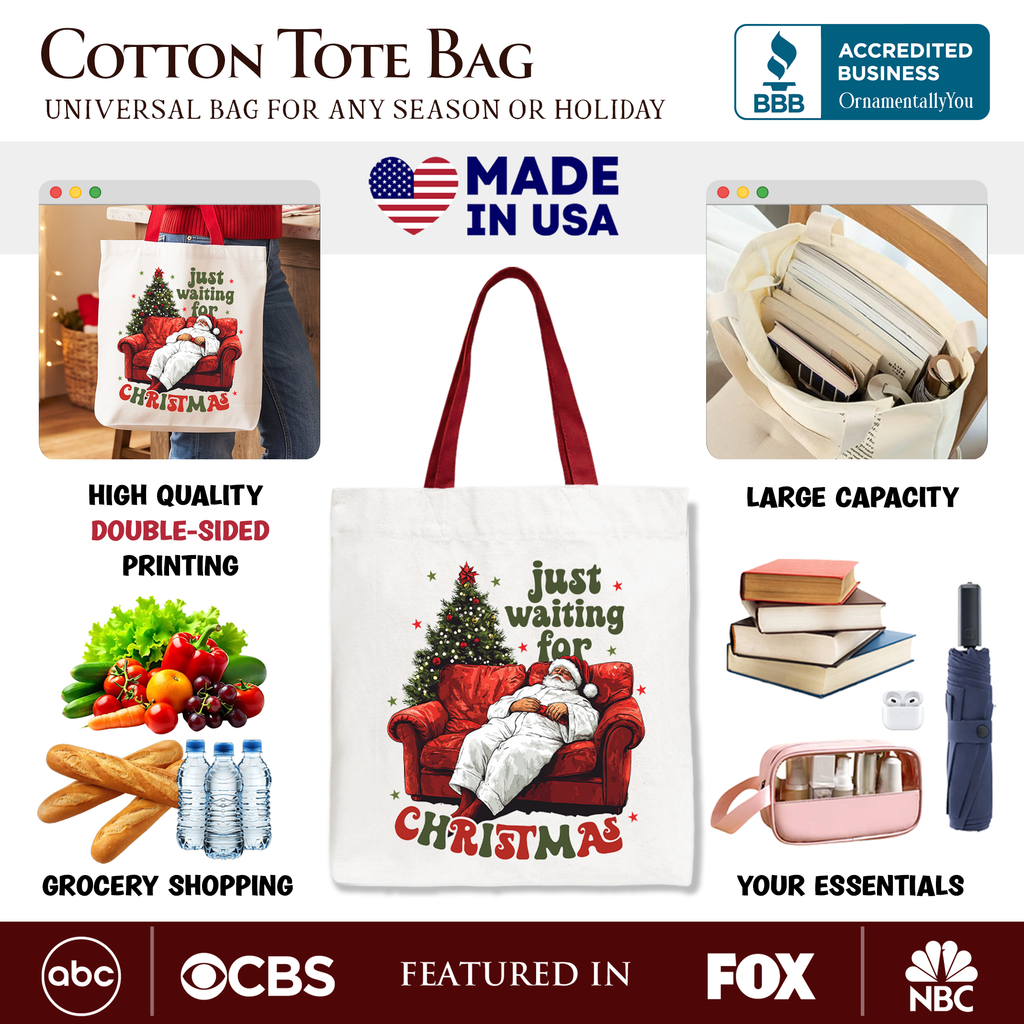 Cotton tote bag with Santa-on-couch 'Just waiting for Christmas' graphic