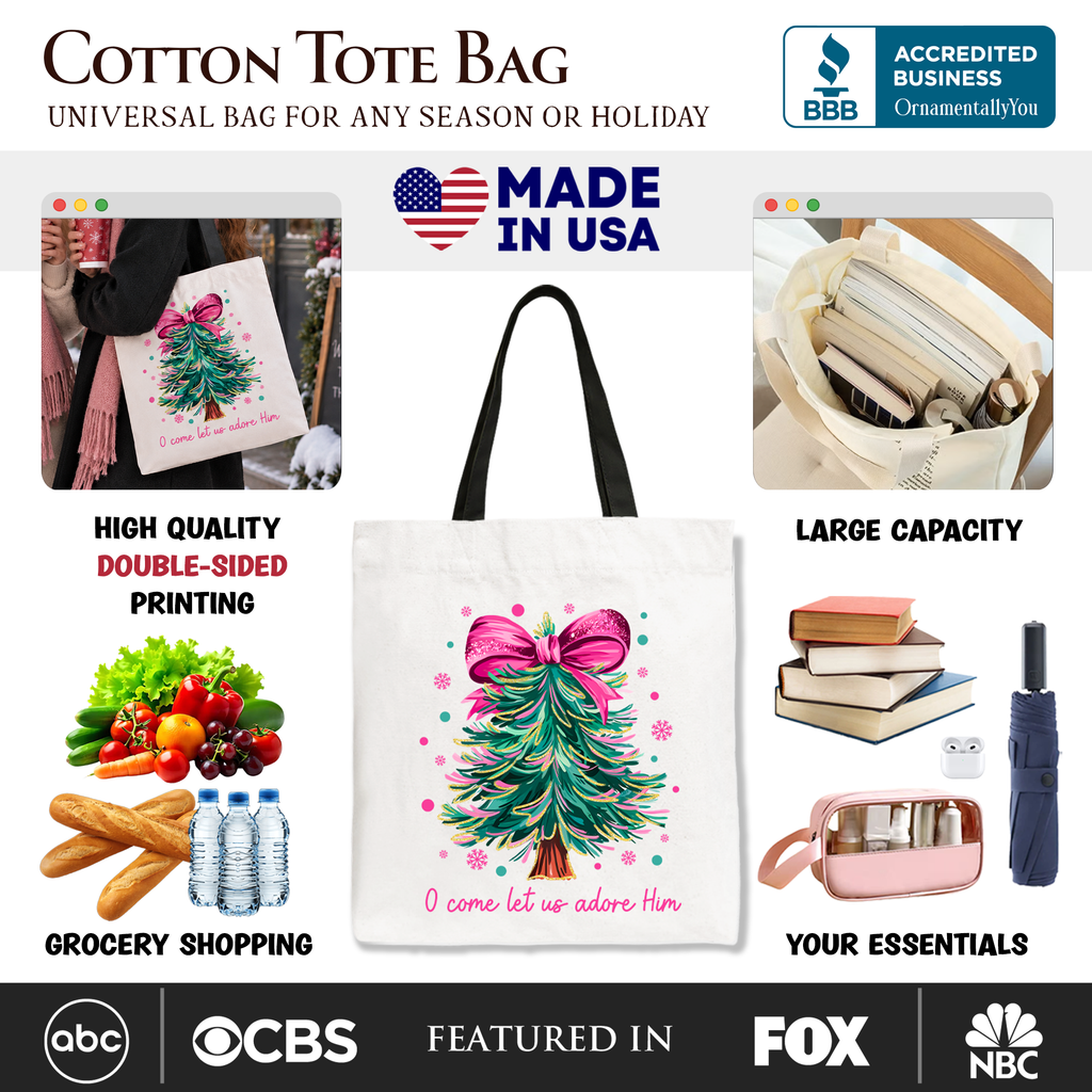 White cotton tote bag with Christmas tree graphic and 'O come let us adore Him' print