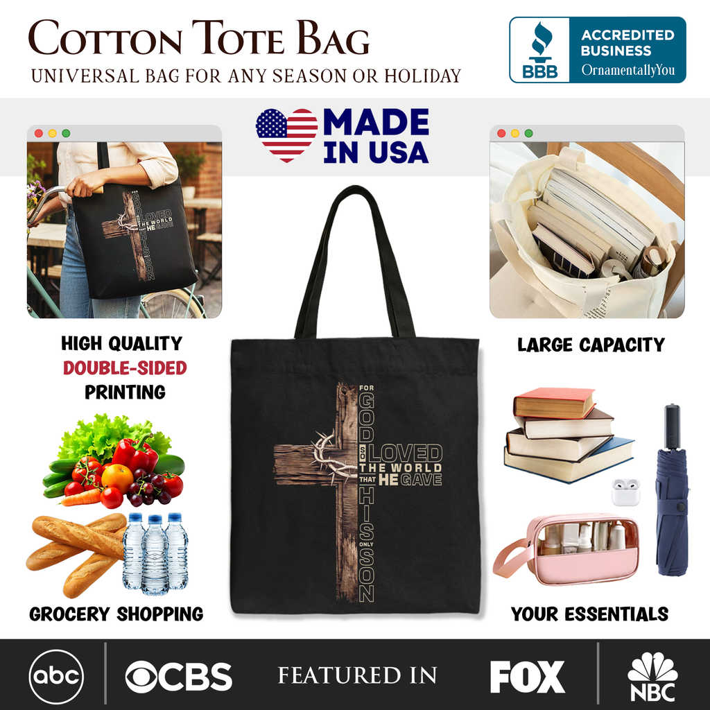 Black cotton tote bag with cross graphic and "Loved the world" John 3:16