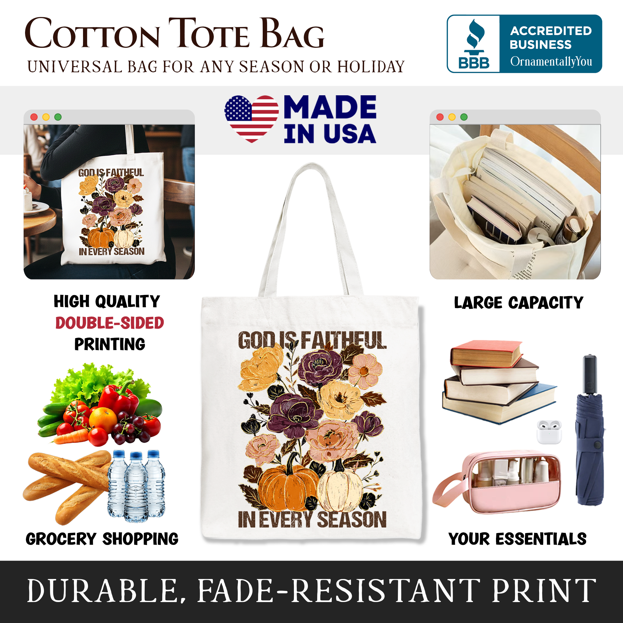 White cotton tote bag with floral front print and 'God is faithful in every season' wording