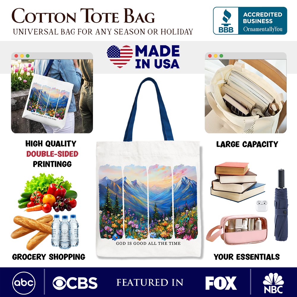 White canvas tote bag with navy handles, mountain landscape bible verse print.