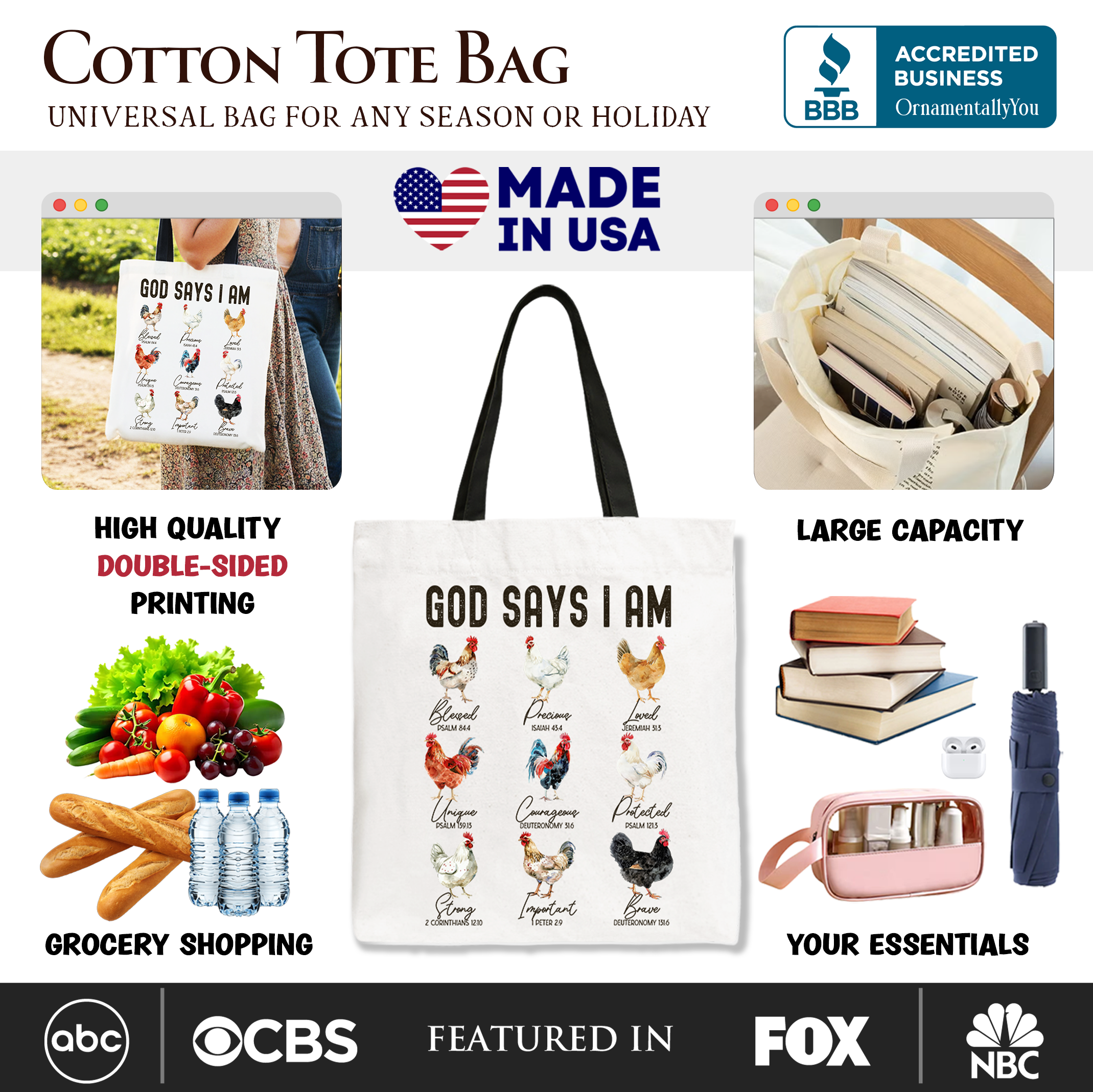 White cotton tote bag with black handles and rooster/chicken graphic under black text