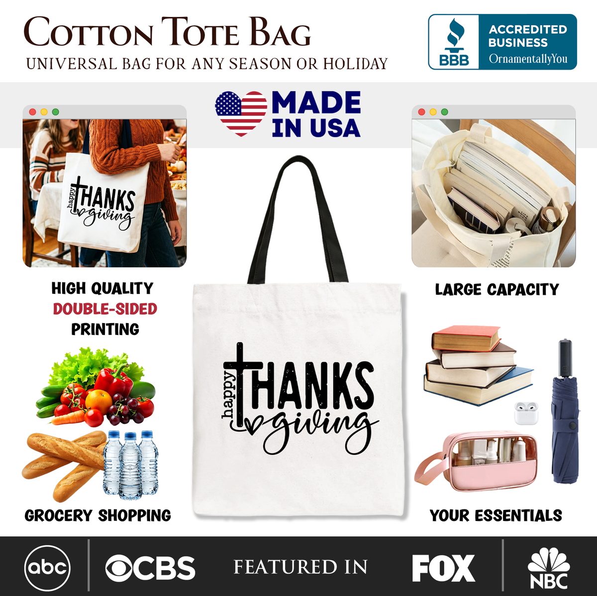 White cotton tote bag with black “Happy Thanks giving” print and cross icon
