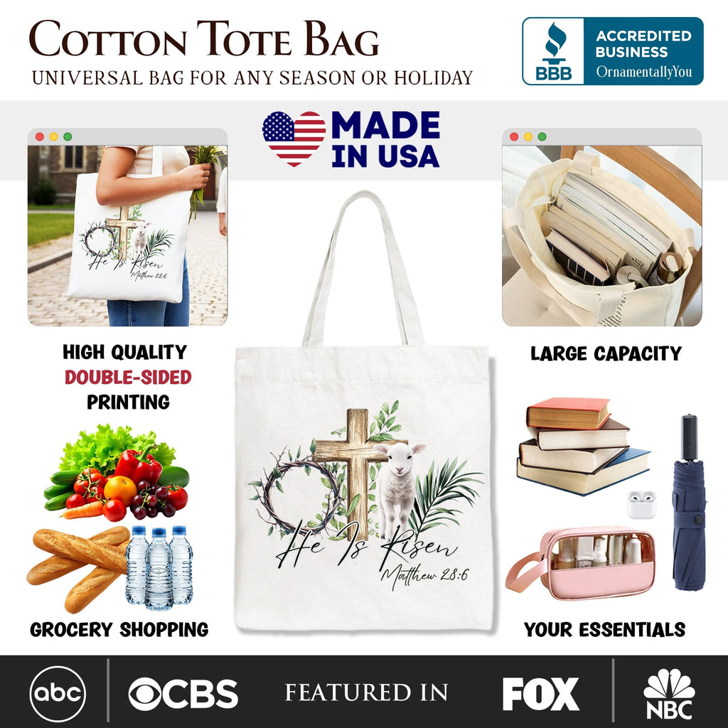 White tote bag with cross and lamb illustration and Matthew 28:6 verse print