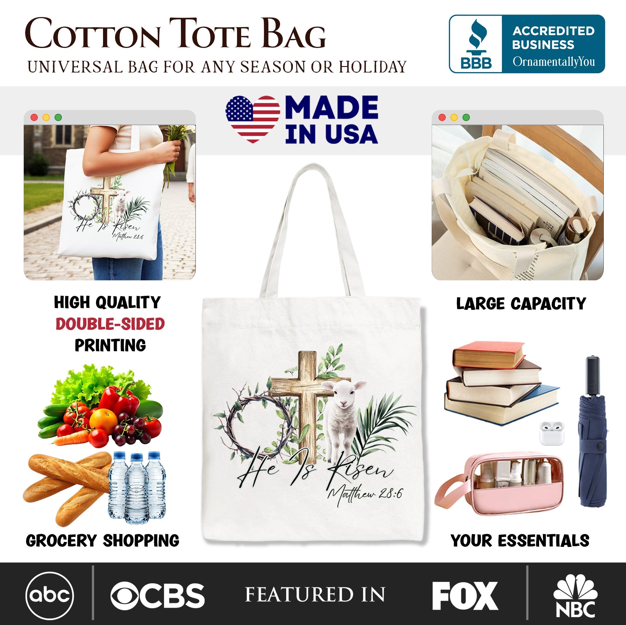 White tote bag with cross and lamb illustration and Matthew 28:6 verse print
