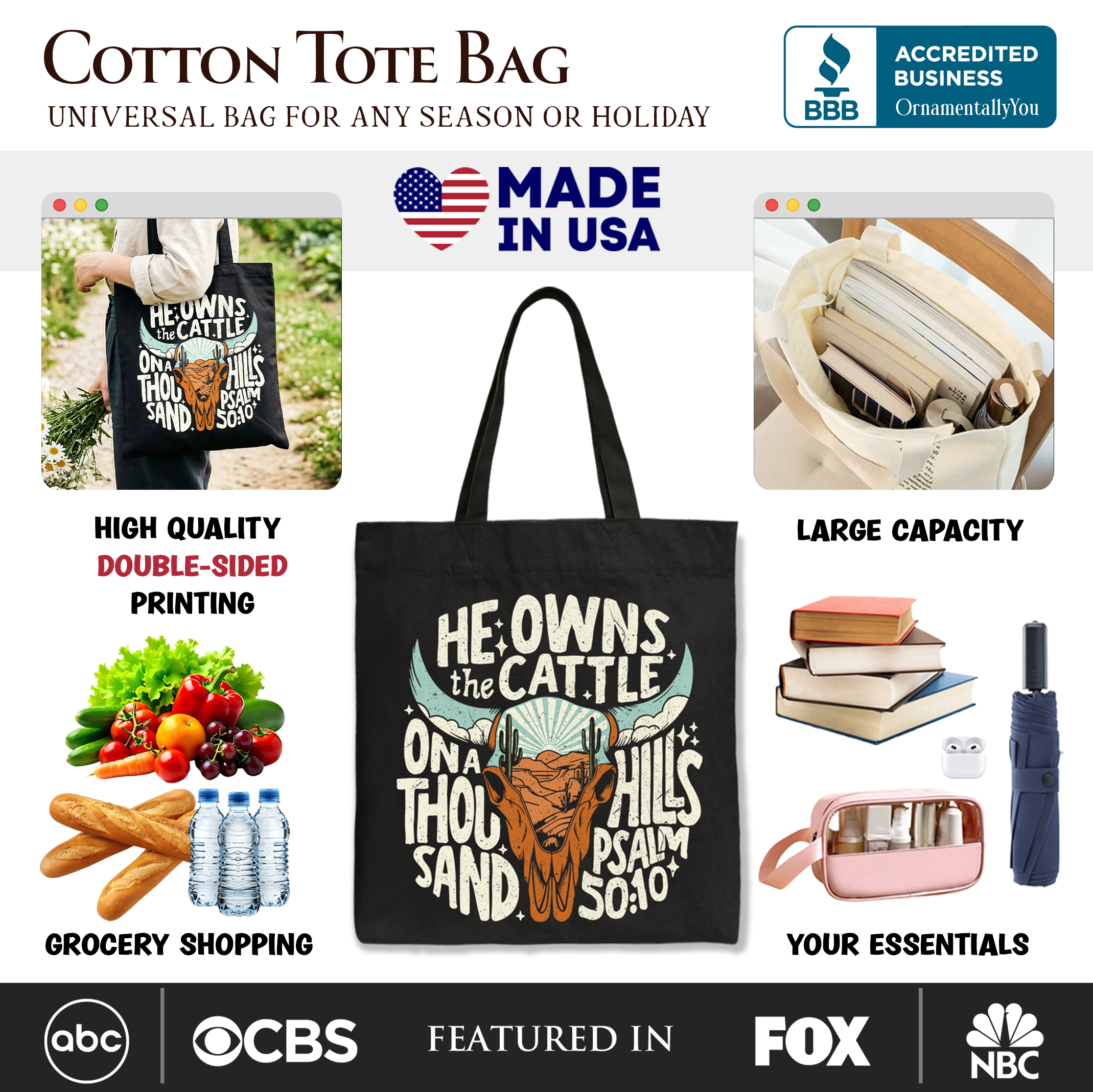 Black tote bag with front faith graphic text and bull head, dual-sided print