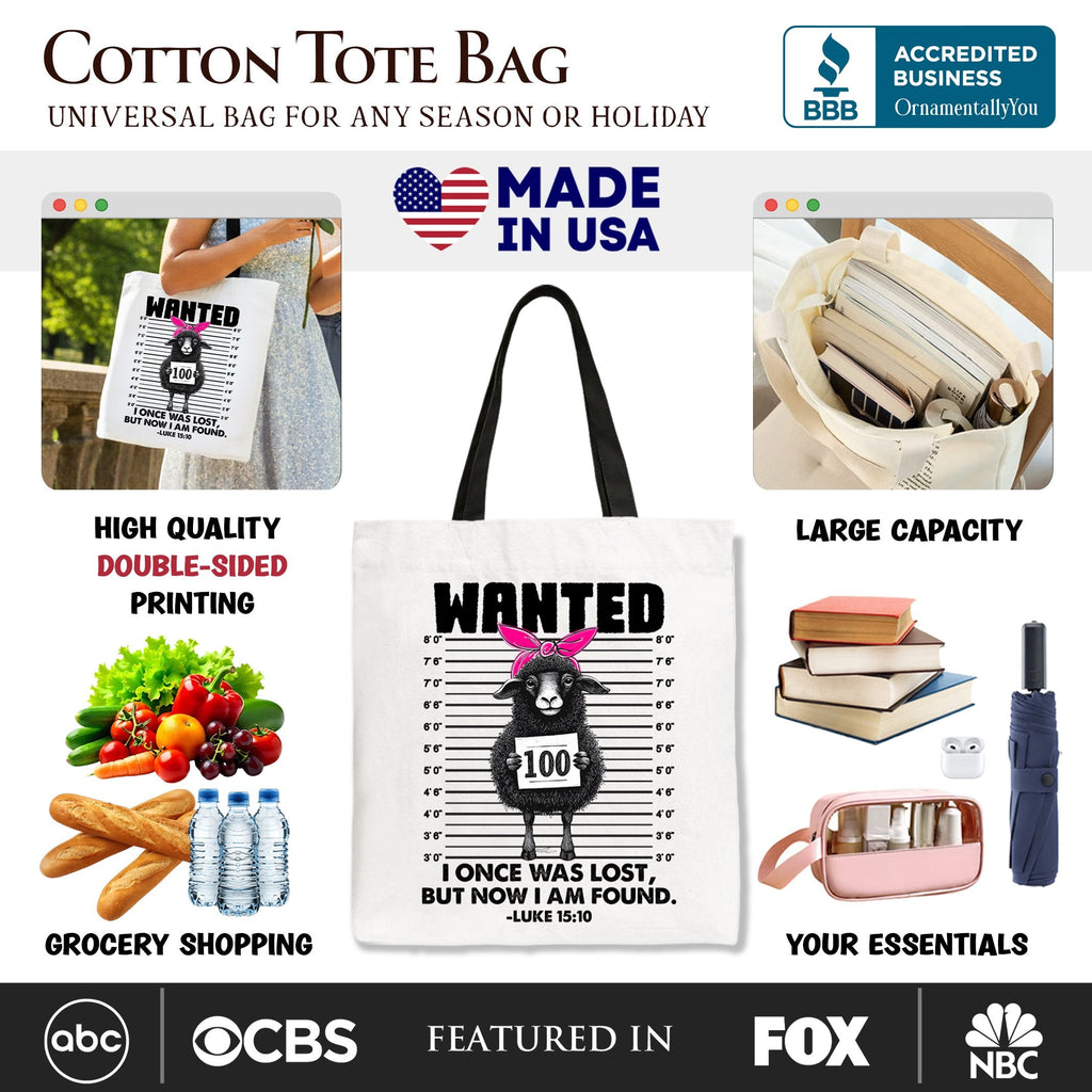 White tote bag with black handles and WANTED sheep graphic, Luke 15:10