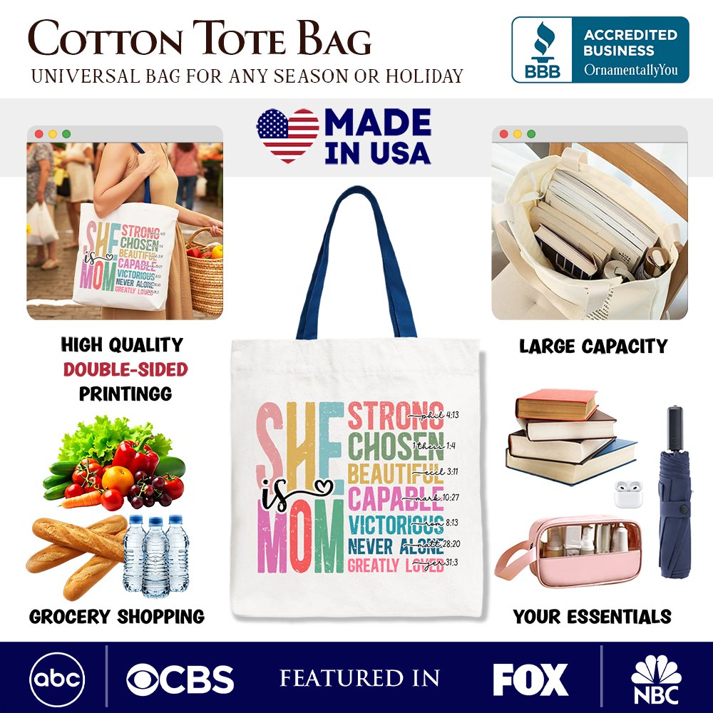 White cotton tote bag with navy handles and colorful front affirmation graphic