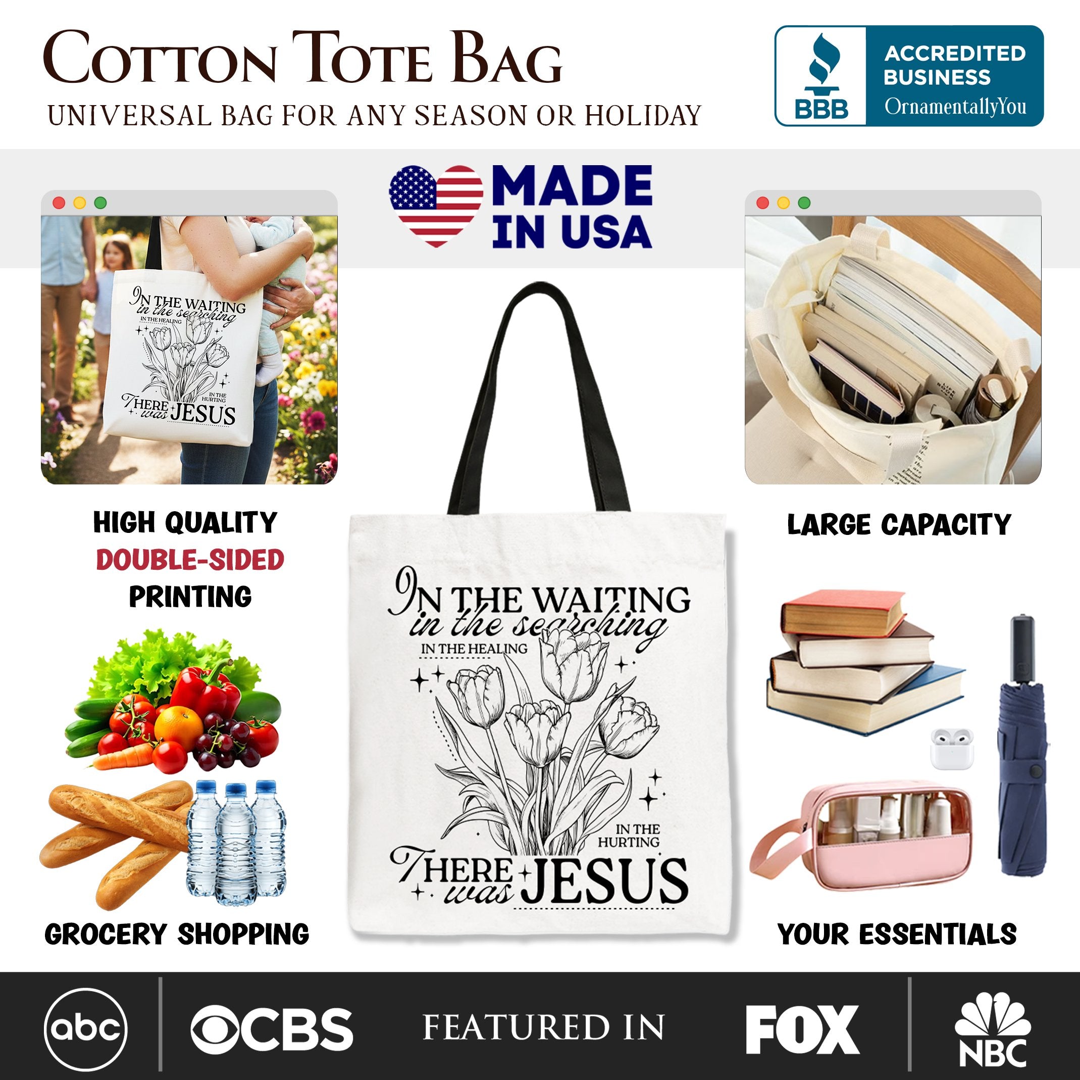 Cotton tote bag with black handles and double-sided floral scripture print, front view