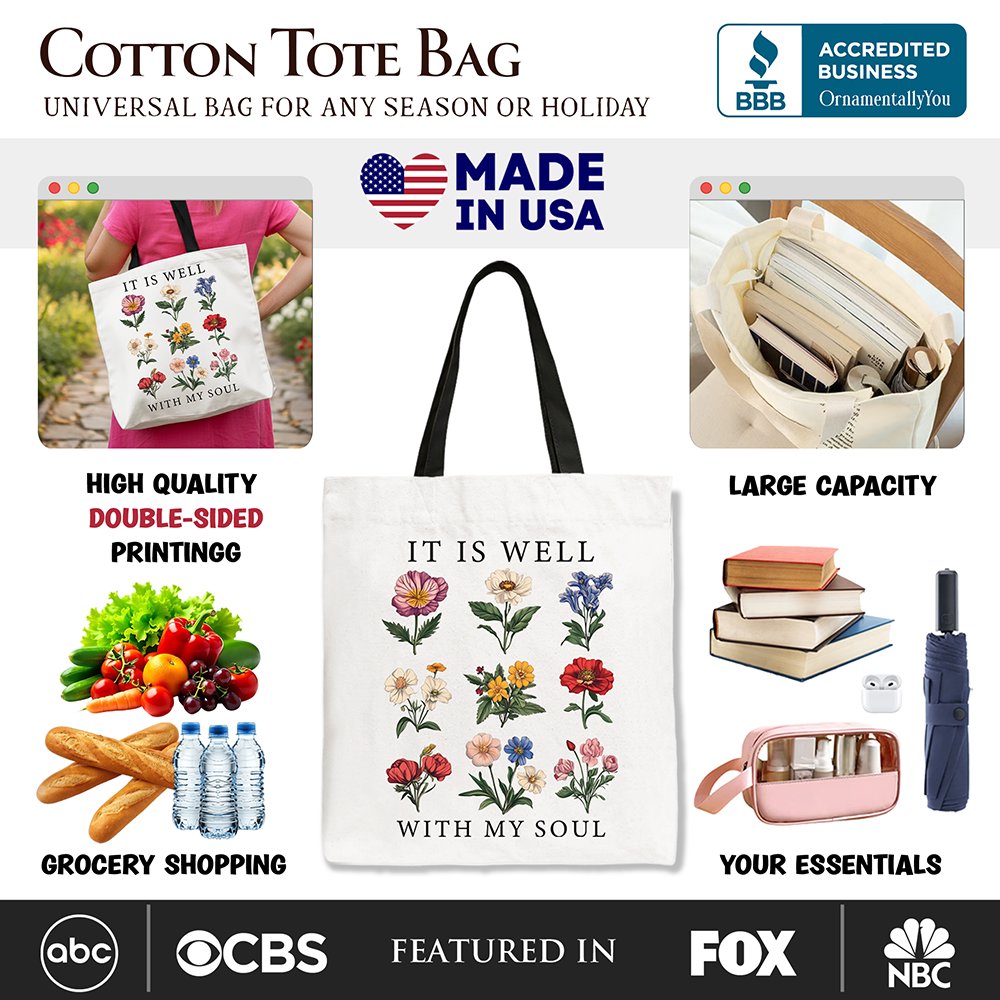 White cotton tote with black handles, floral 'IT IS WELL' and 'WITH MY SOUL' print.