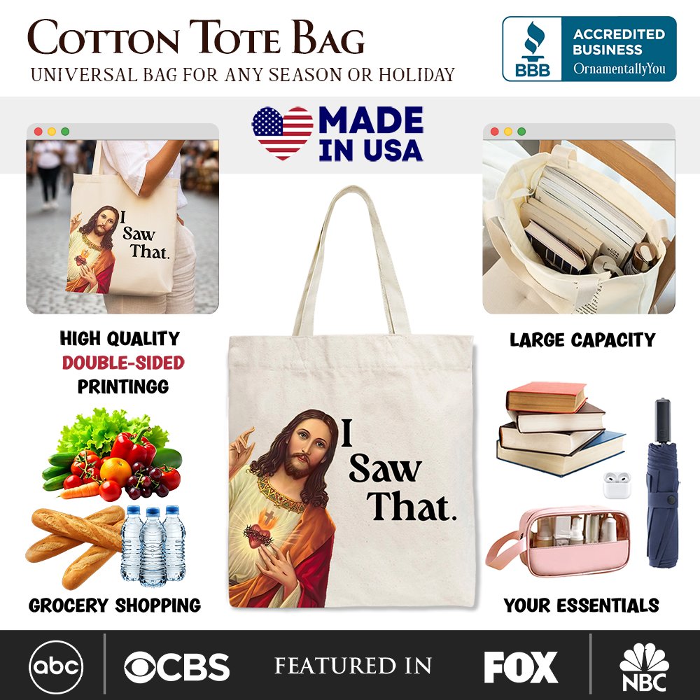 Canvas tote bag design showing Jesus portrait and “I Saw That.” text.