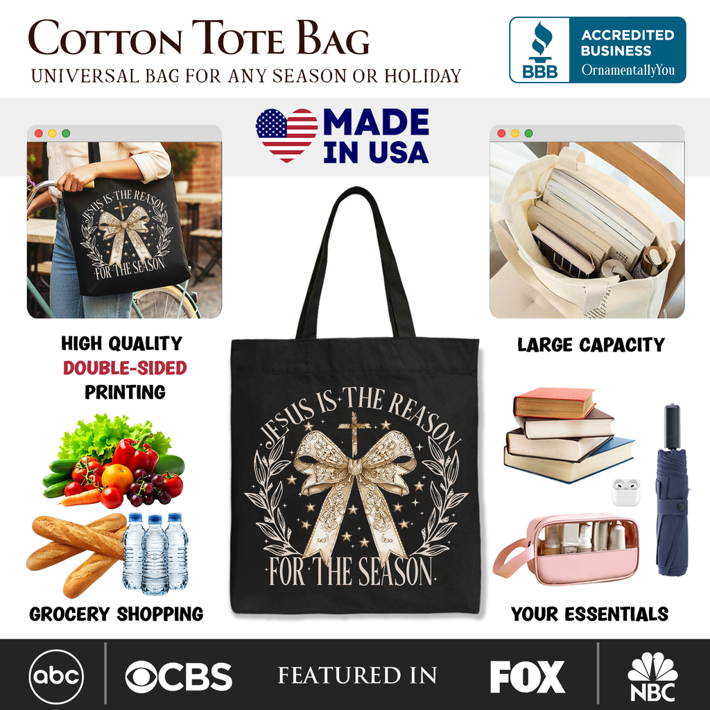 Black cotton tote bag with gold bow and “Jesus Is the Reason for the season” print