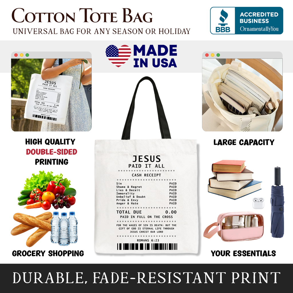 White cotton tote bag with black handles and receipt barcode-style print
