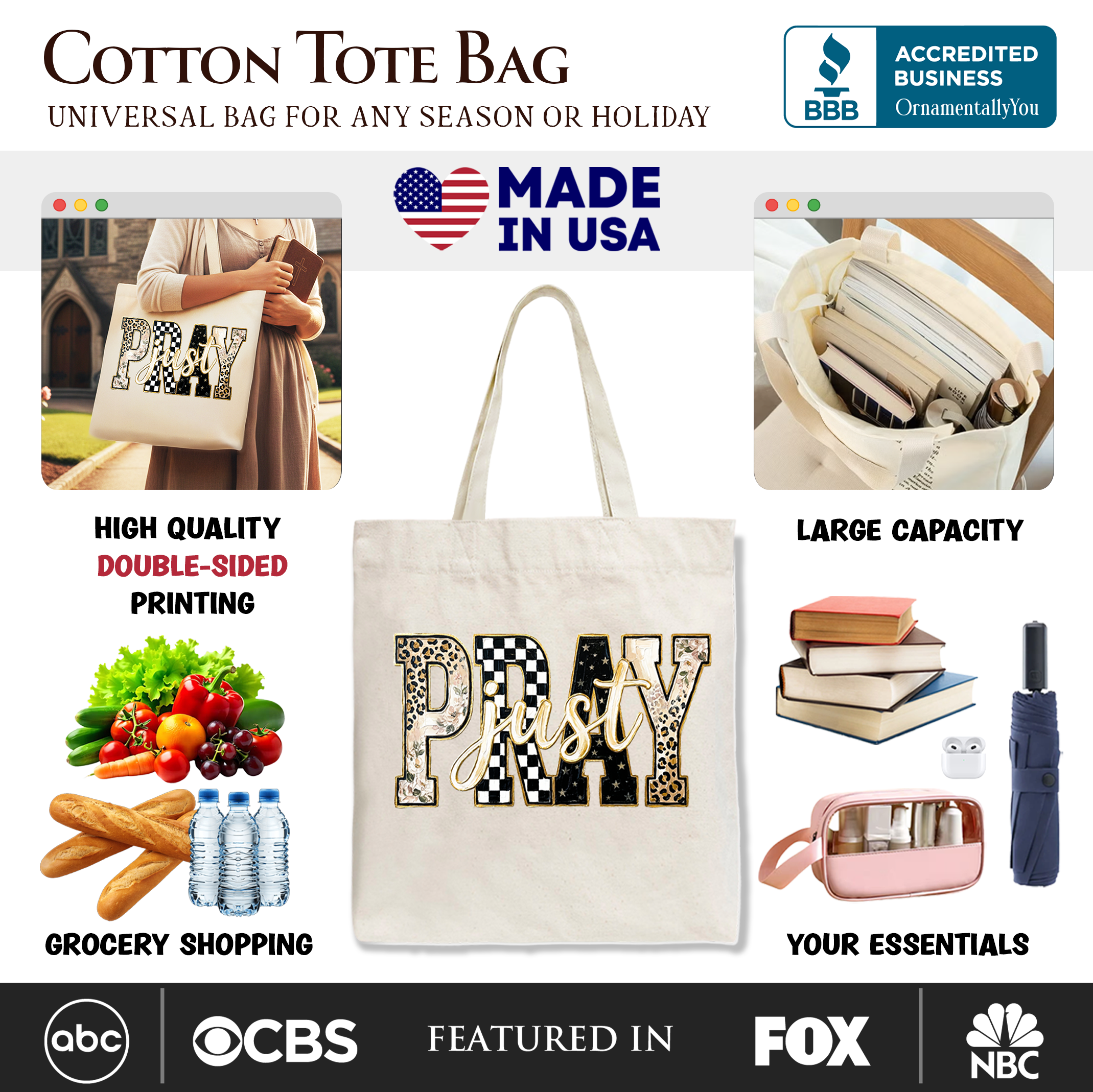 White cotton tote bag with “Pray” patchwork graphic on the front panel