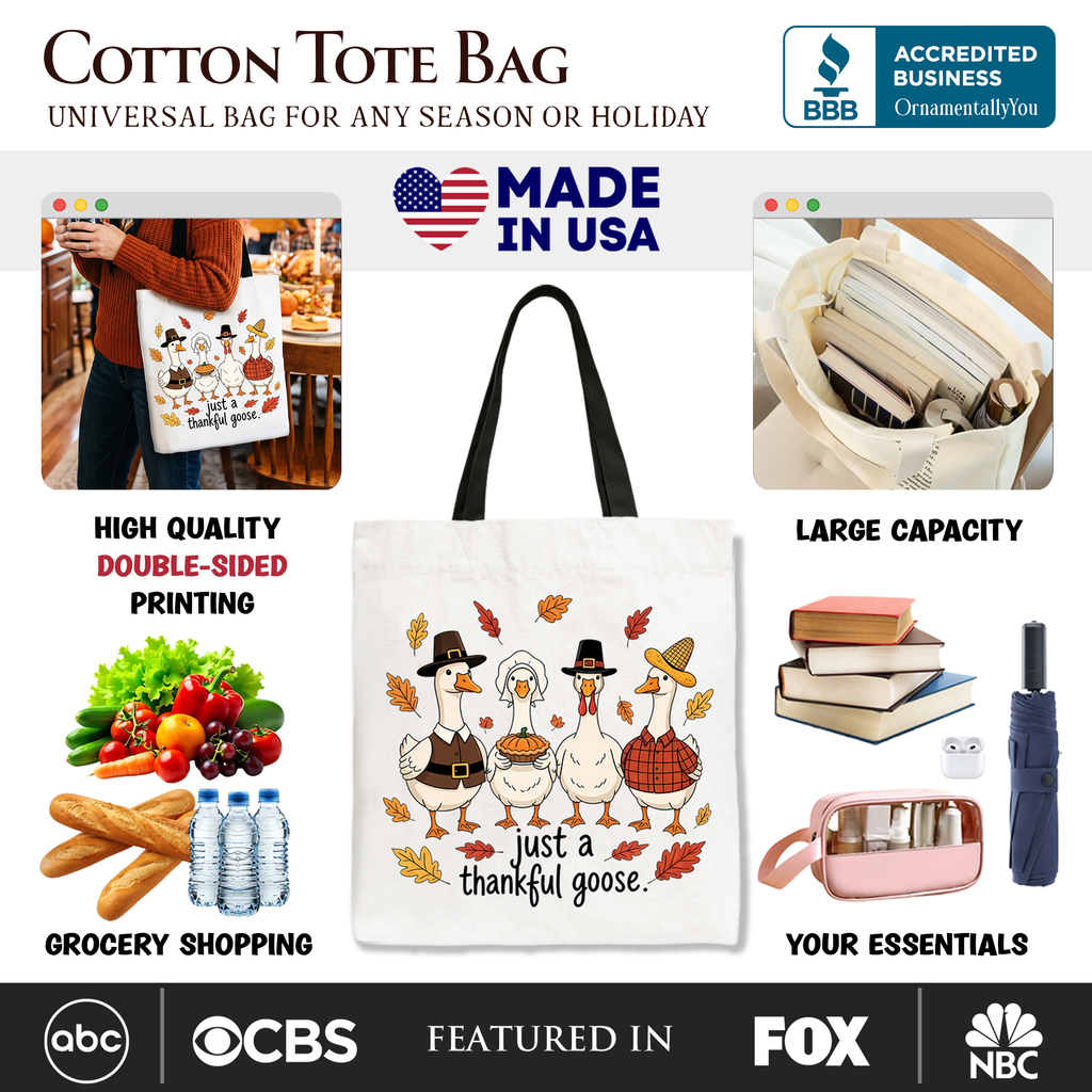 White cotton tote bag with black handles, turkey characters and 'just a thankful goose'